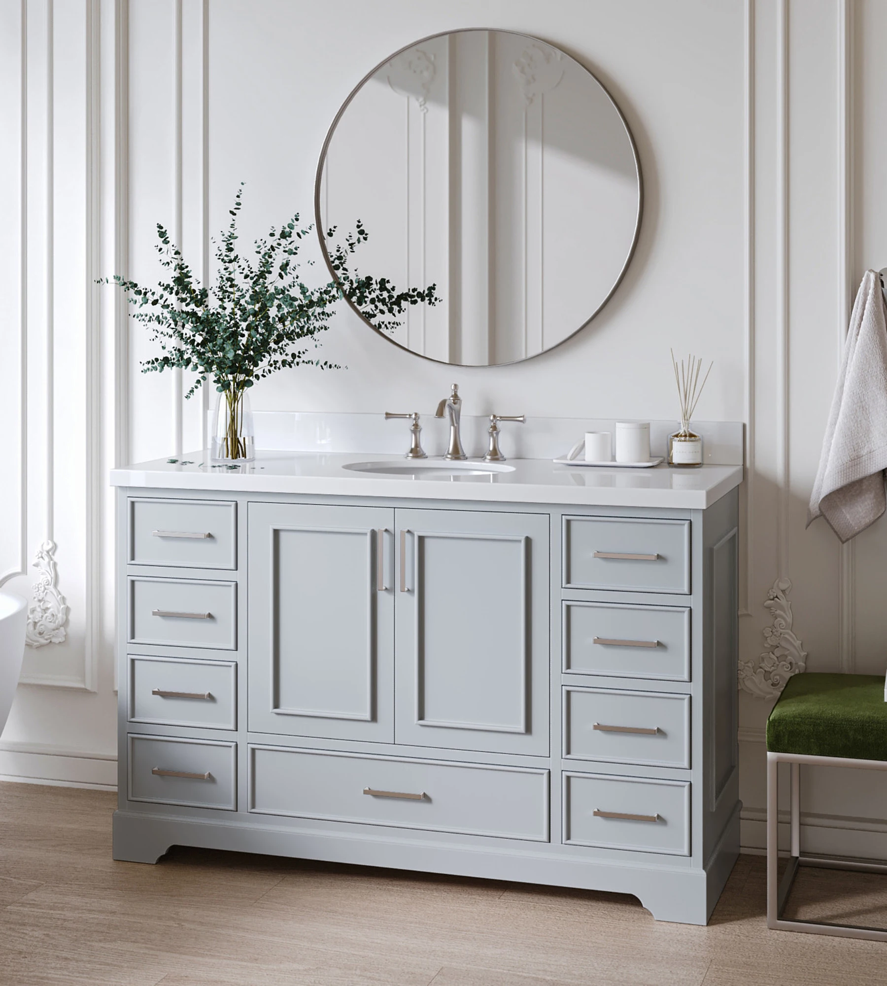 ARIEL Stafford 55 Inch Single Oval Sink Vanity With White Quartz Countertop W/1.5" Edge In Grey