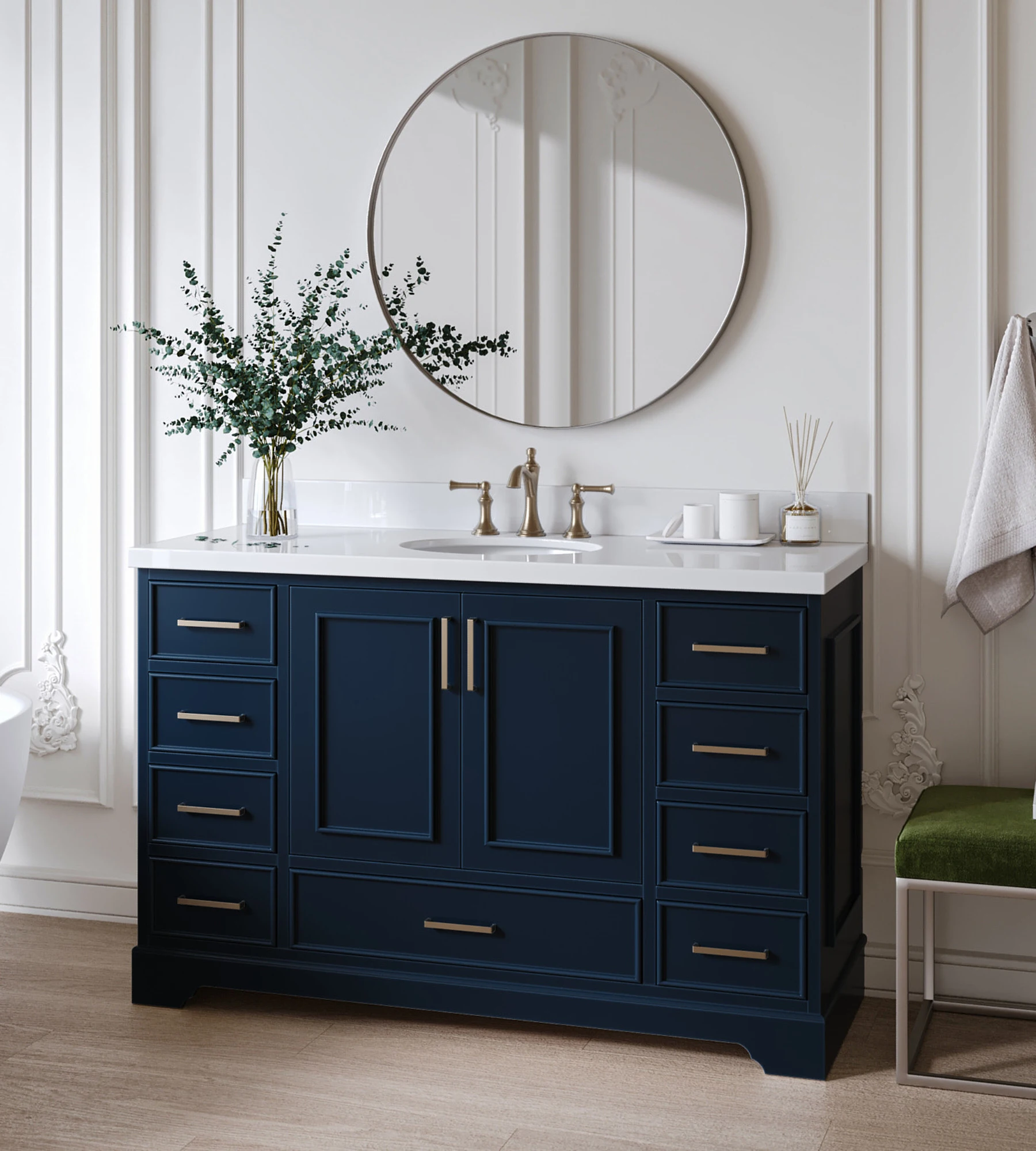 ARIEL Stafford 55 Inch Single Oval Sink Vanity With White Quartz Countertop W/1.5" Edge In Midnight Blue