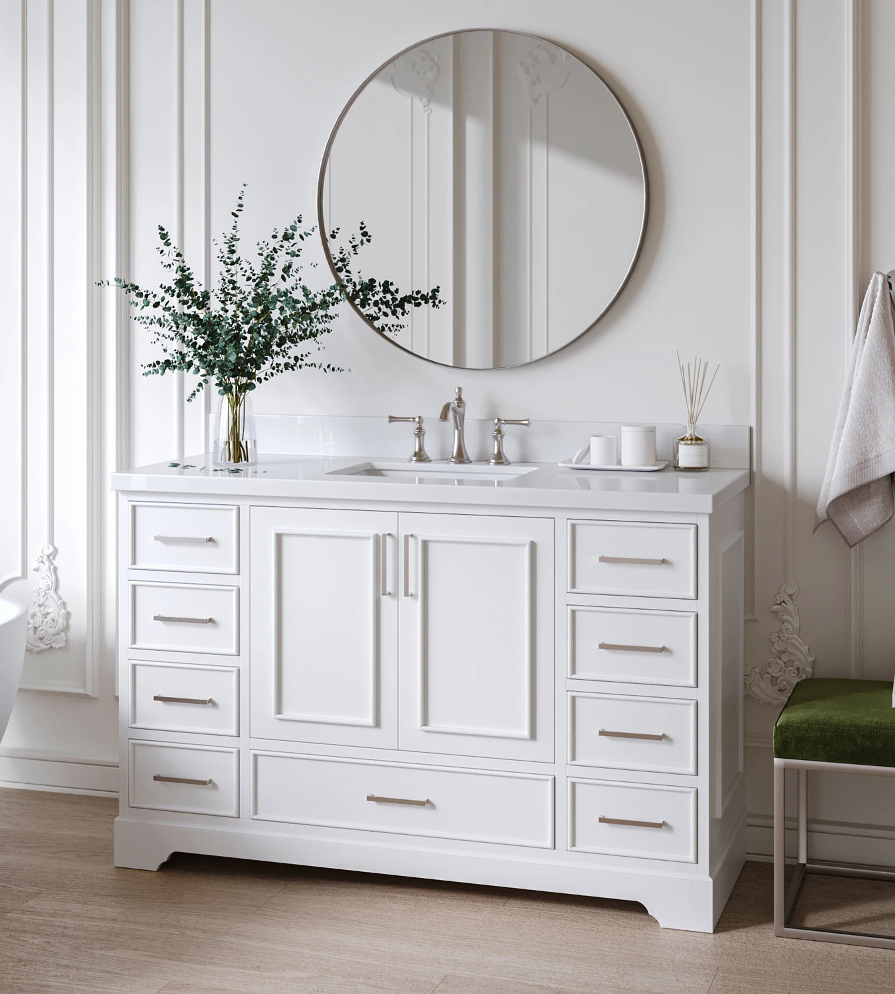 ARIEL Stafford 55 Inch Single Rectangle Sink Vanity With White Quartz Countertop W/1.5" Edge In White