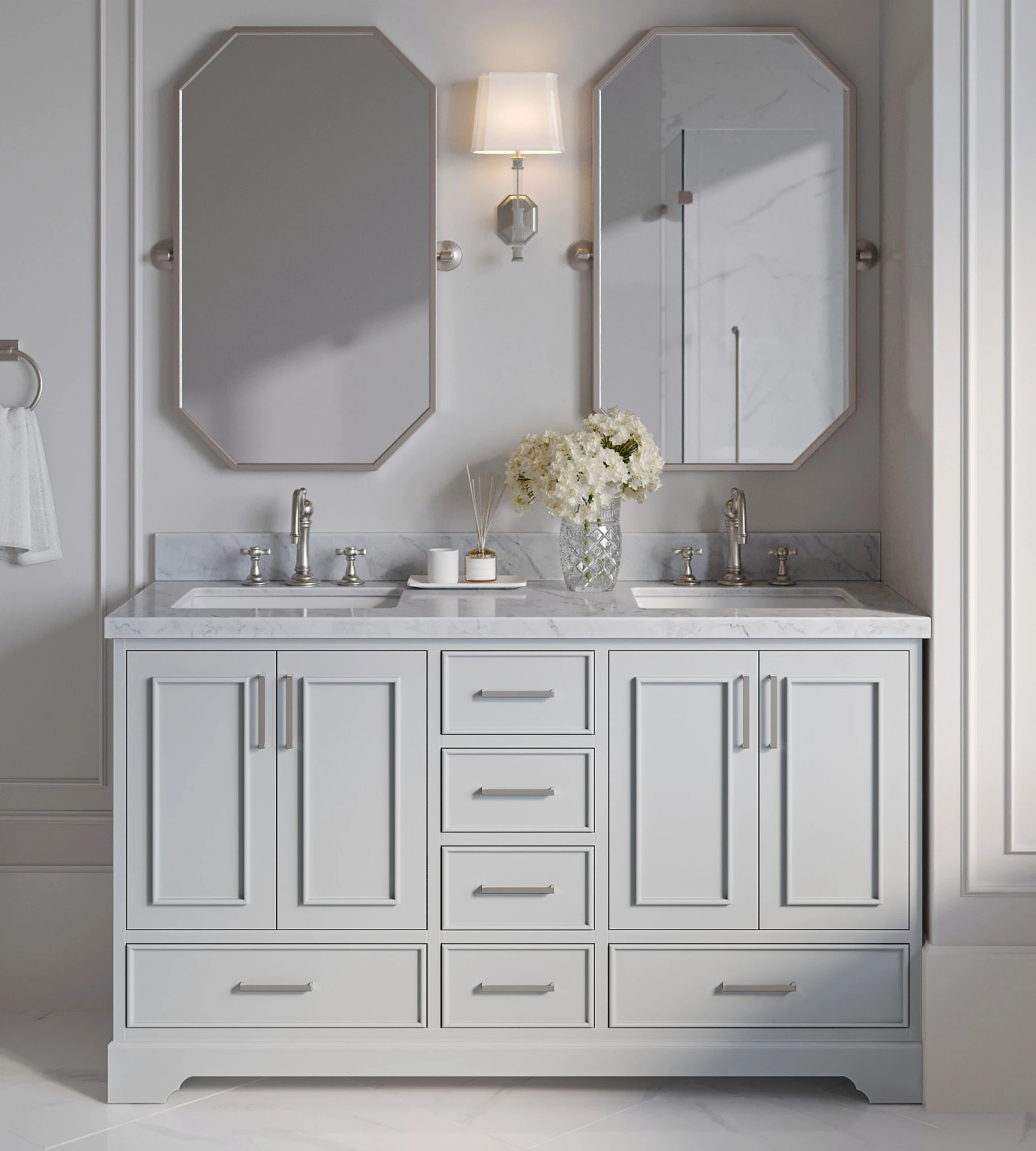 ARIEL Stafford 61 Inch Double Rectangle Sink Vanity With Italian Carrara White Marble Countertop W/1.5" Edge In Grey