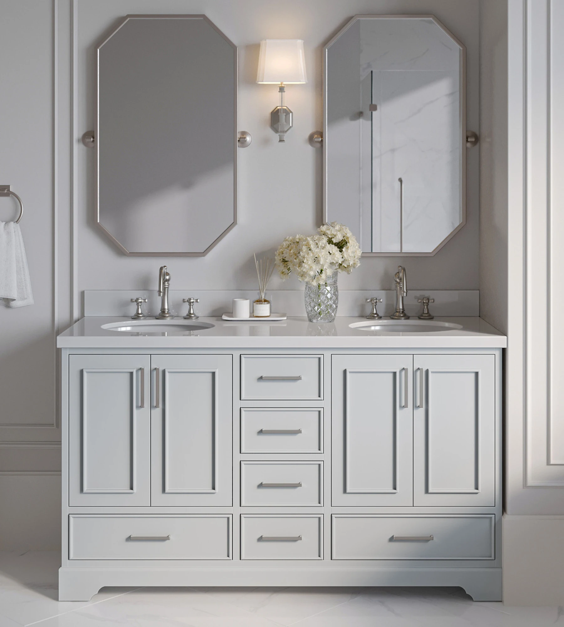 ARIEL Stafford 61 Inch Double Oval Sink Vanity With White Quartz Countertop W/1.5" Edge In Grey