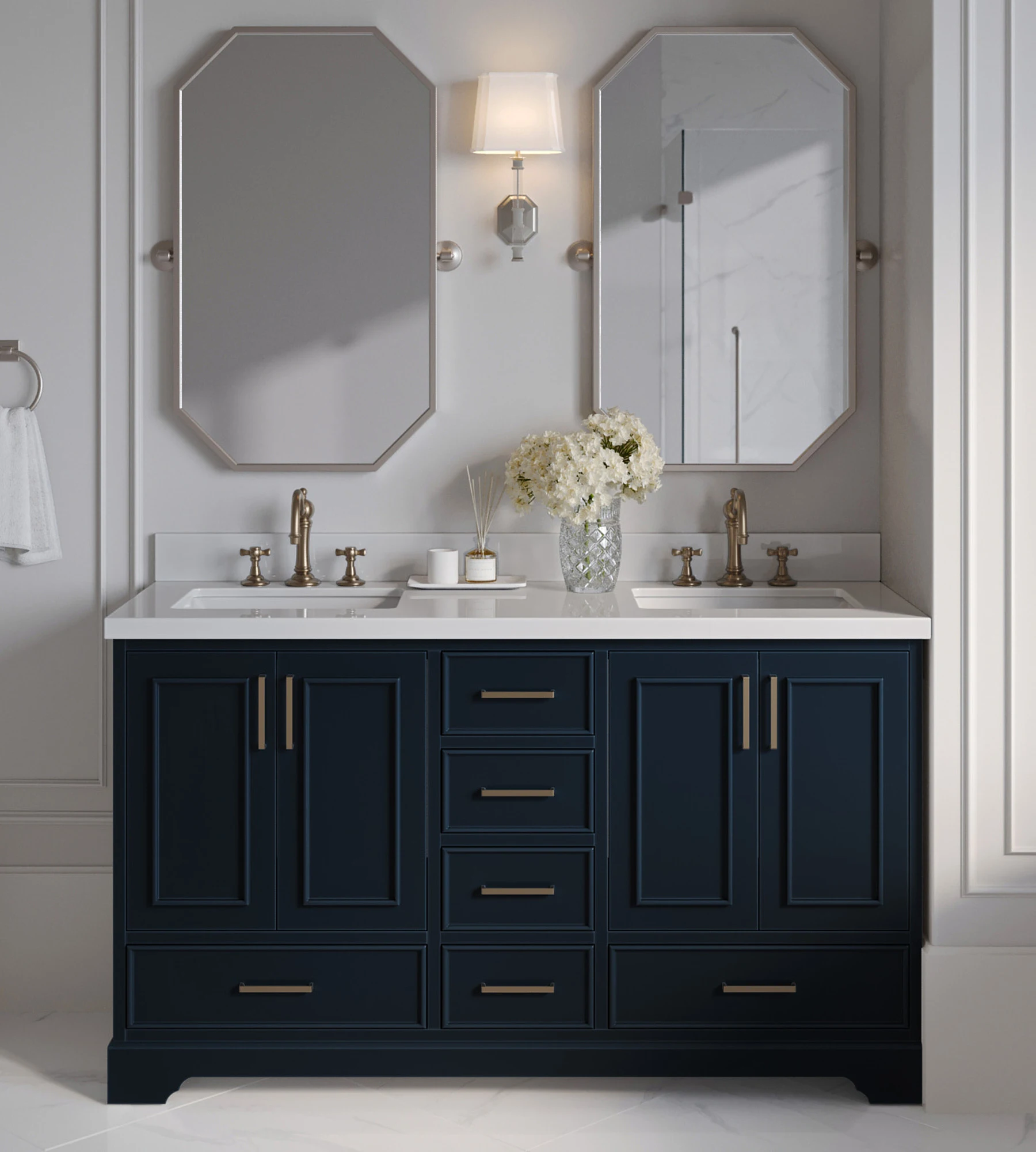 ARIEL Stafford 61 Inch Double Rectangle Sink Vanity With White Quartz Countertop W/1.5" Edge In Midnight Blue