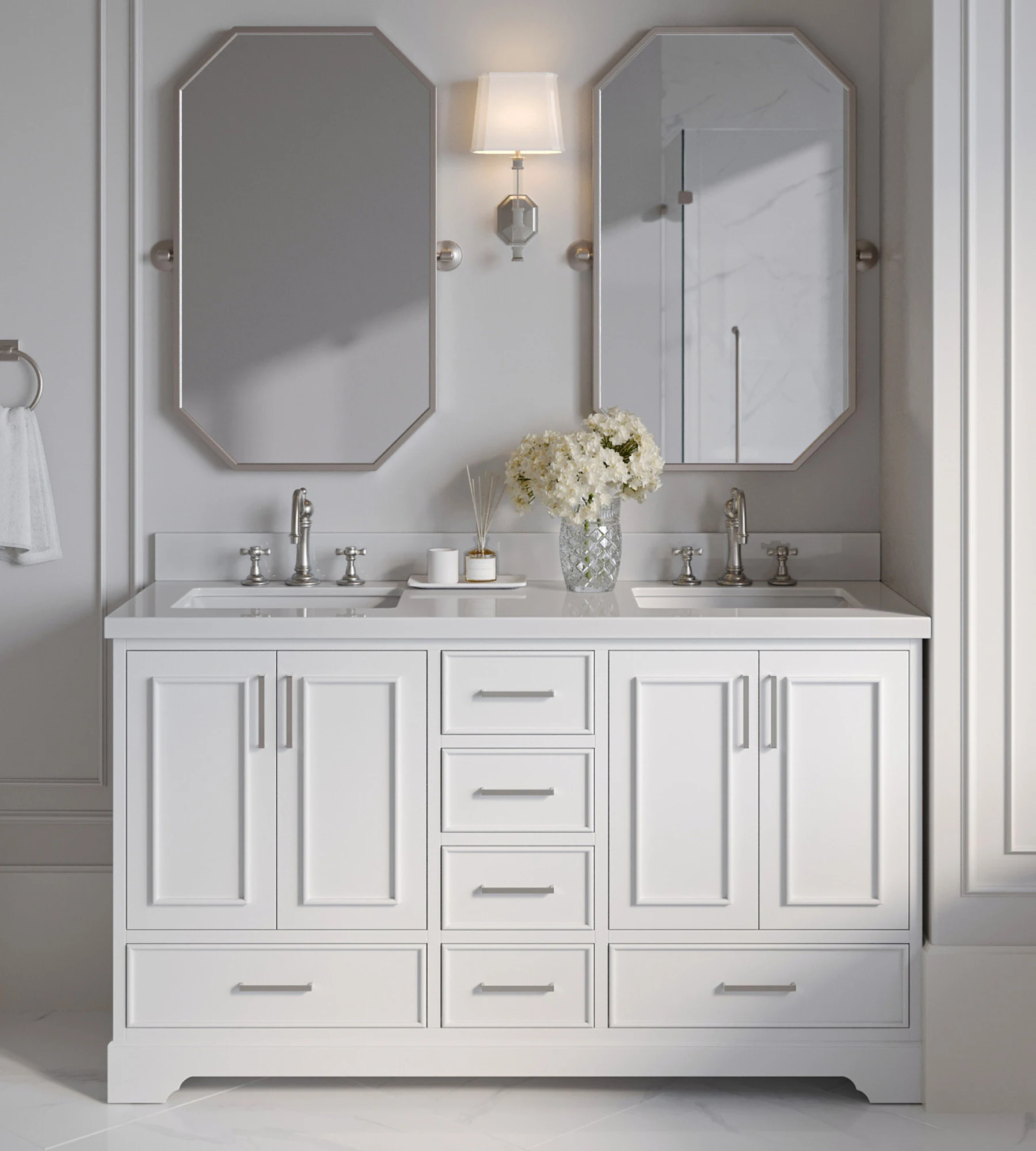 ARIEL Stafford 61 Inch Double Rectangle Sink Vanity With White Quartz Countertop W/1.5" Edge In White