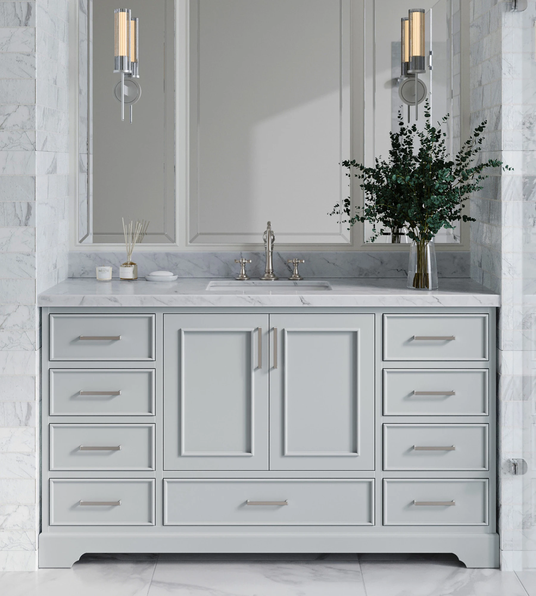 ARIEL Stafford 61 Inch Single Rectangle Sink Vanity With Italian Carrara White Marble Countertop W/1.5" Edge In Grey