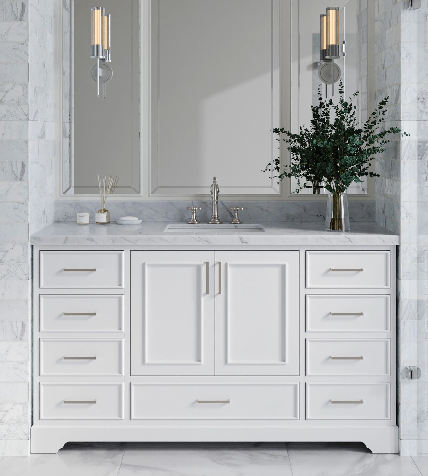 ARIEL Stafford 61 Inch Single Rectangle Sink Vanity With Italian Carrara White Marble Countertop W/1.5" Edge In White