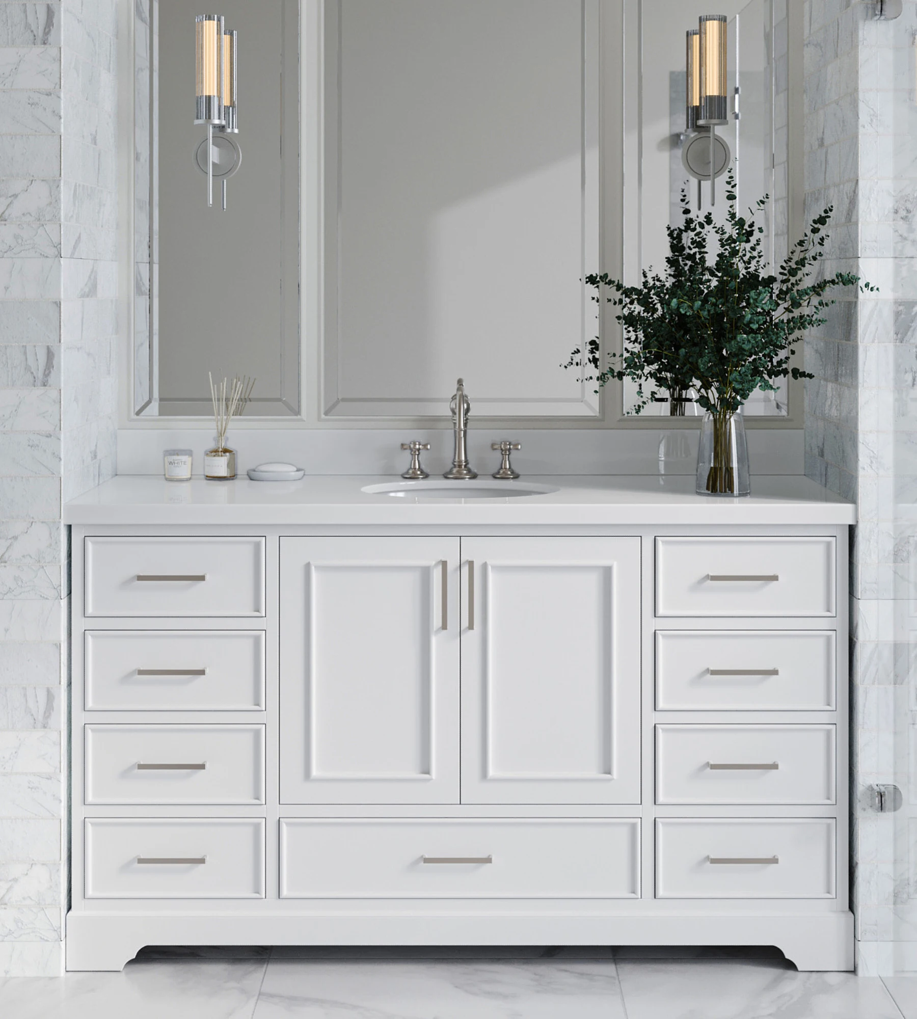 ARIEL Stafford 61 Inch Single Oval Sink Vanity With White Quartz Countertop W/1.5" Edge In White