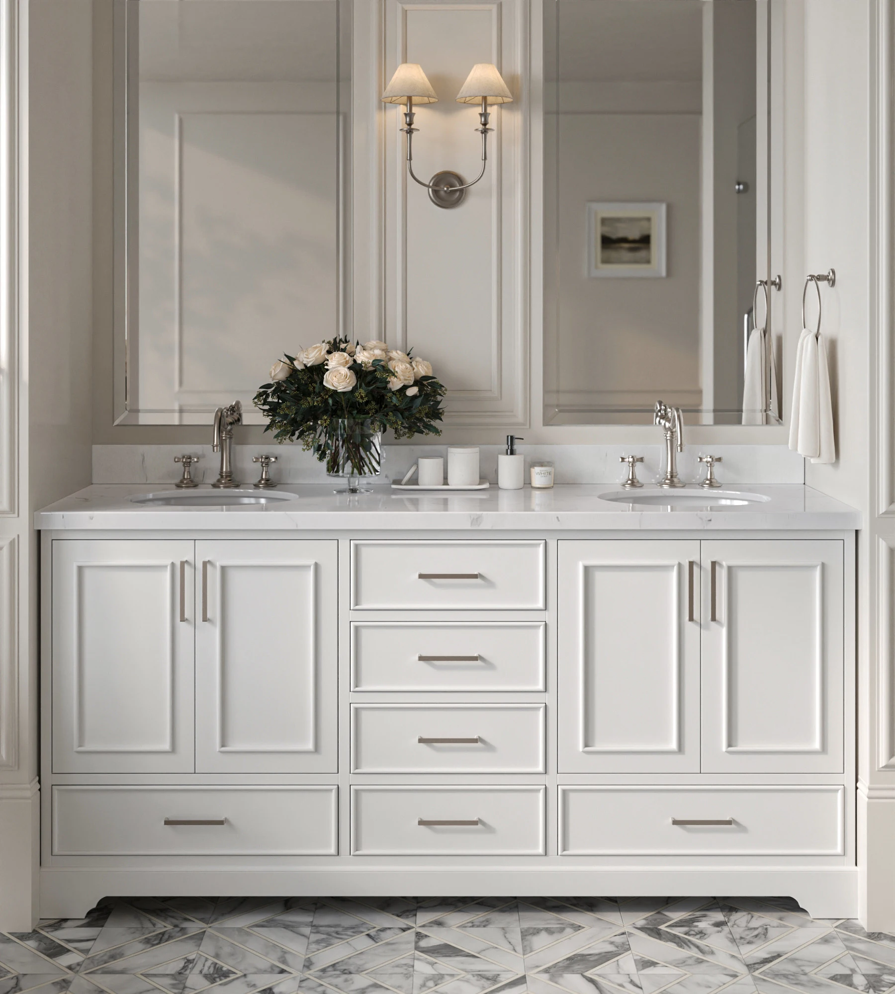 ARIEL Stafford 72 Inch Double Sink Base Cabinet In White