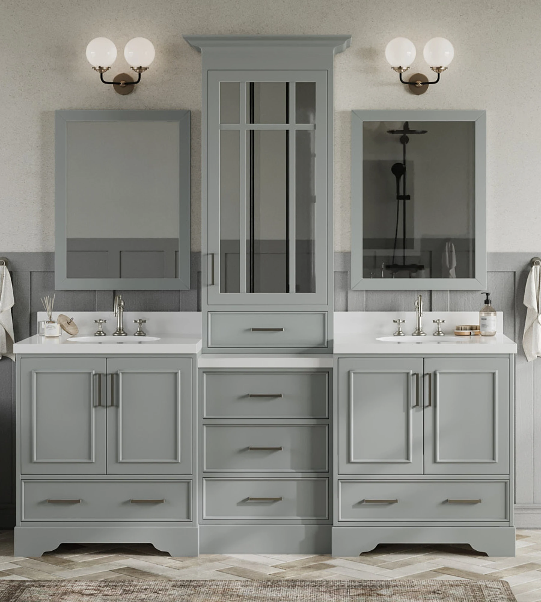 ARIEL Stafford 85 In. Double Oval Sink Bathroom Vanity Set With Pure White Quartz Countertop 1.5 Edge In Grey