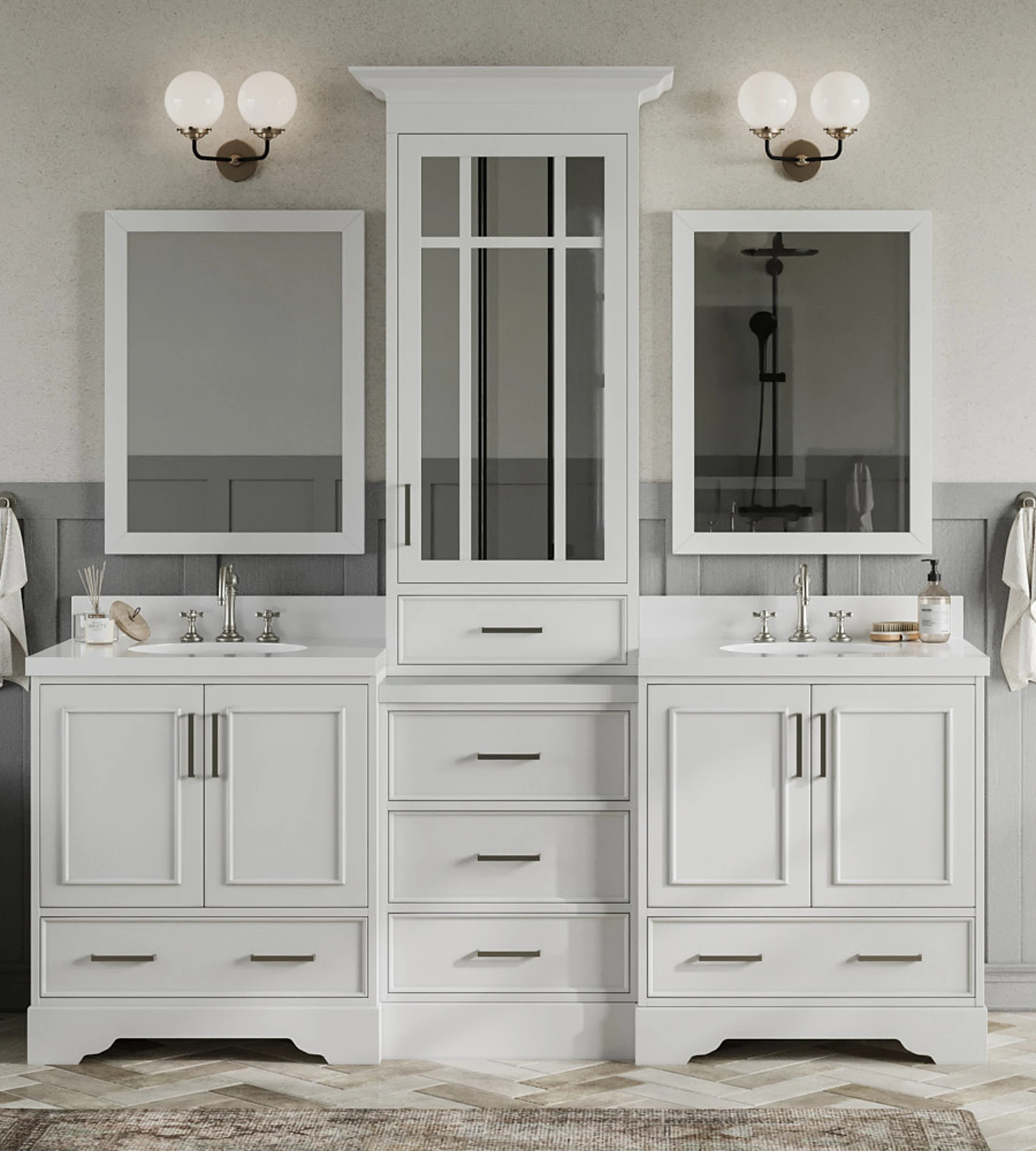 ARIEL Stafford 85 In. Double Oval Sink Bathroom Vanity Set With Pure White Quartz Countertop 1.5 Edge In White