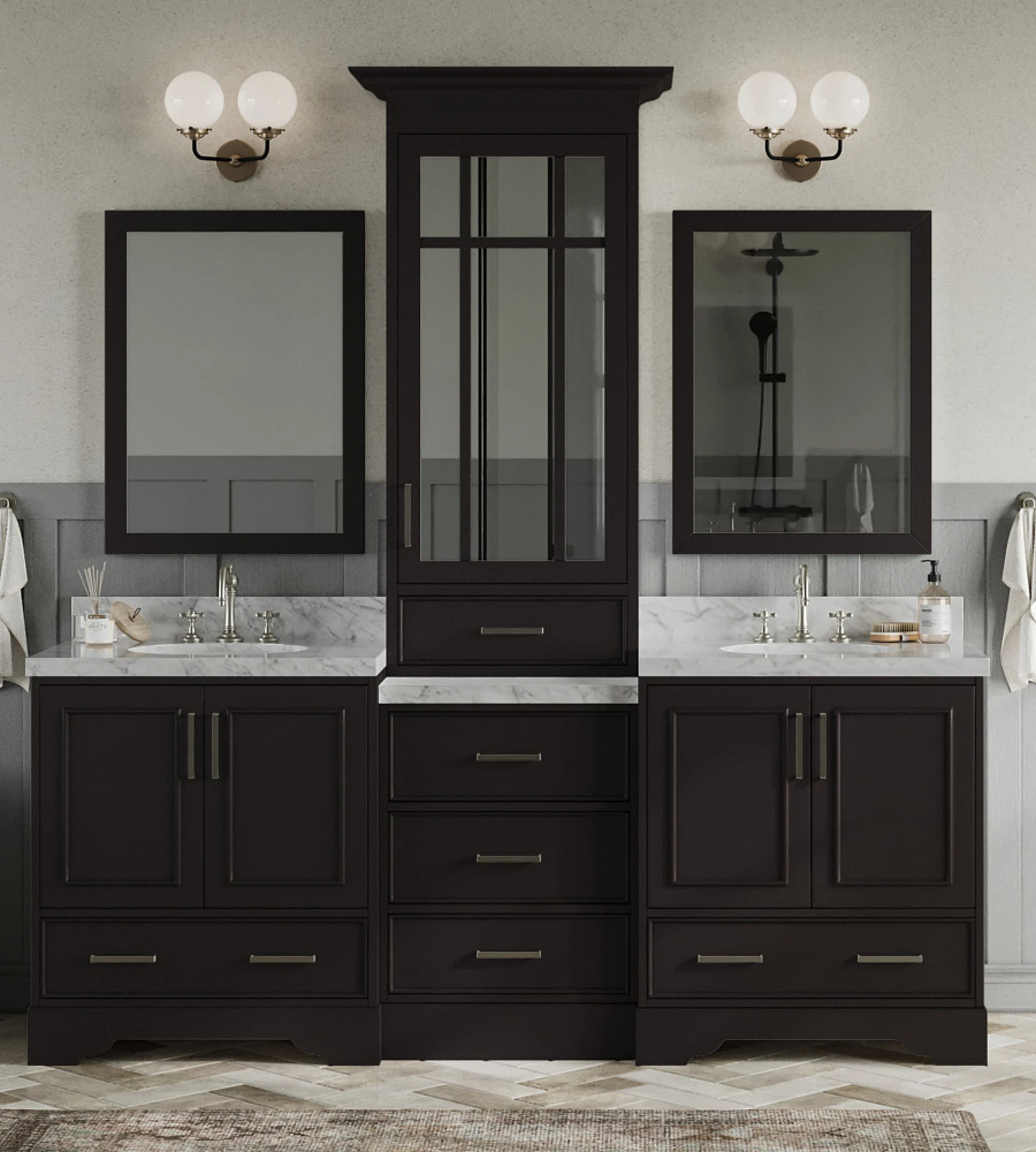ARIEL Stafford 85 In. Double Oval Sink Vanity Set With 1.5 In. With Italian Carrara White Marble Countertops In Espresso