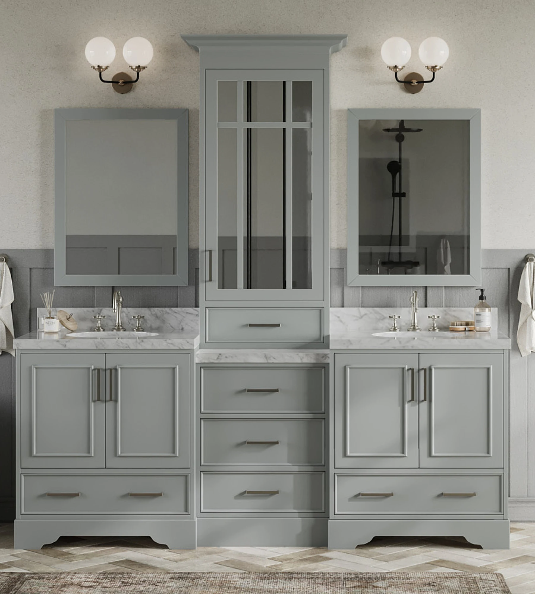 ARIEL Stafford 85 In. Double Oval Sink Vanity Set With 1.5 In. With Italian Carrara White Marble Countertops In Grey