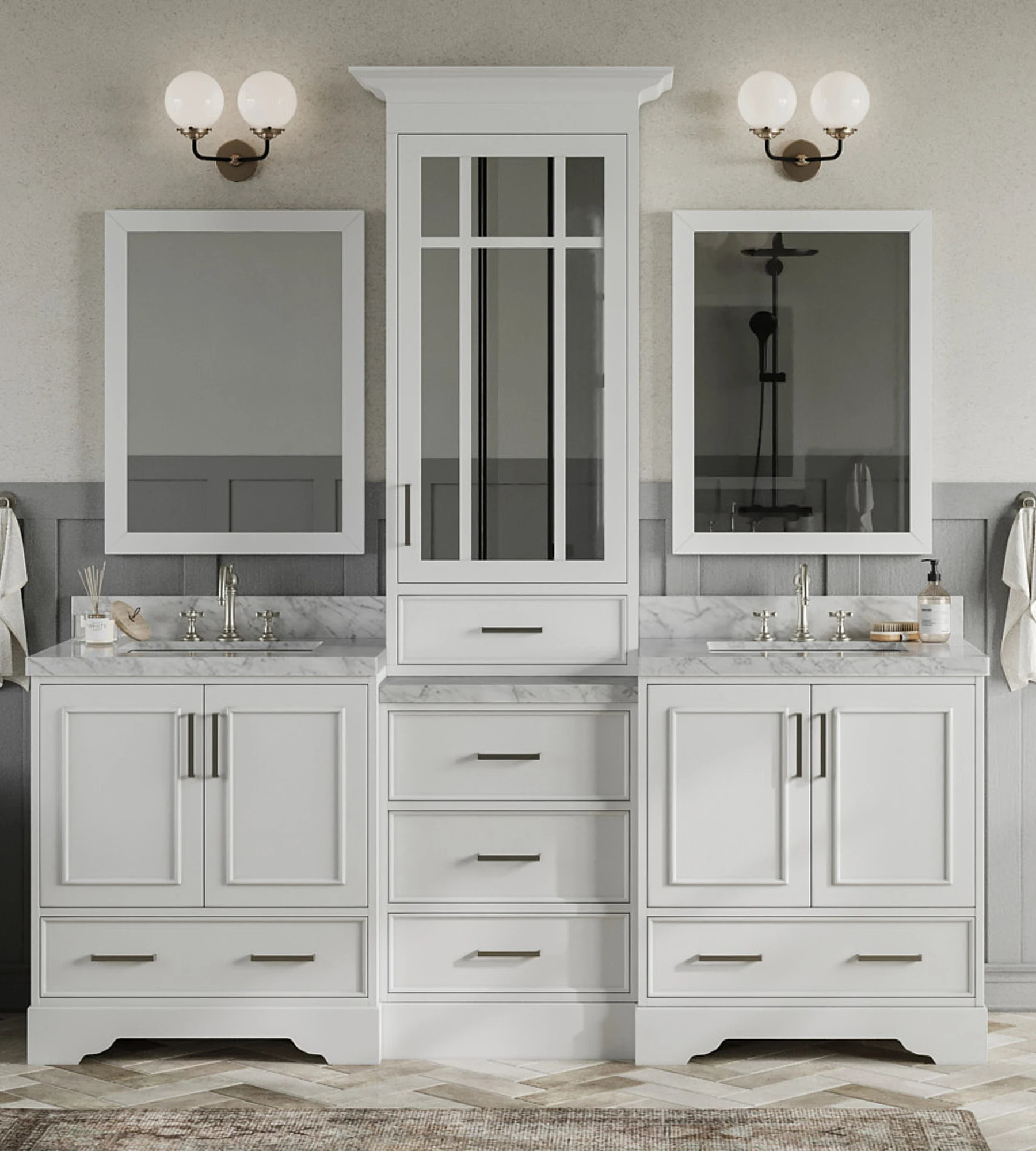 ARIEL Stafford 85 In. Double Rectangle Sink Vanity Set With 1.5 In. With Italian Carrara White Marble Countertops In White