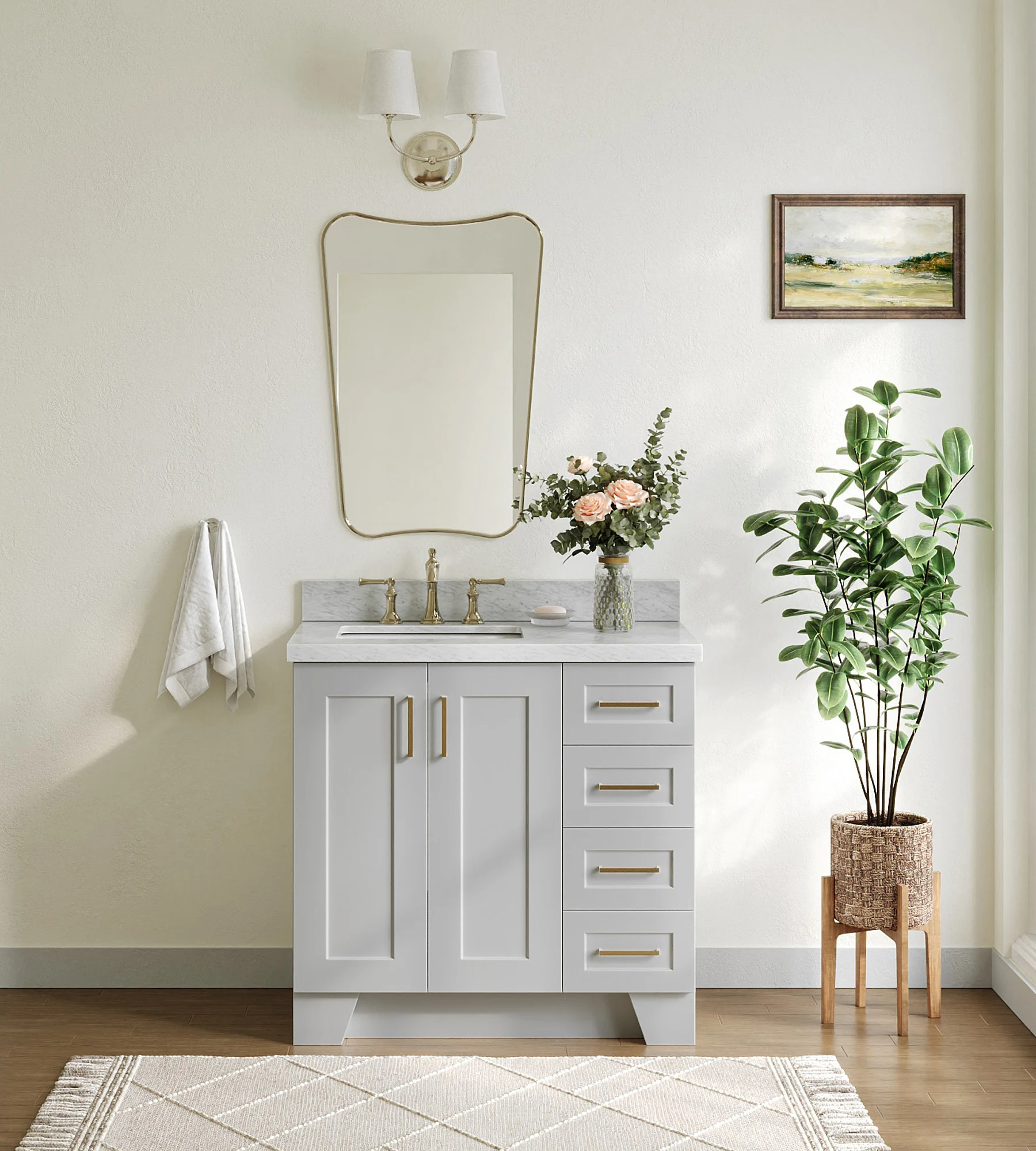 ARIEL Taylor 37 In. Left Offset Rectangle Sink Vanity With Italian Carrara White Marble 1.5 In Countertop In Grey