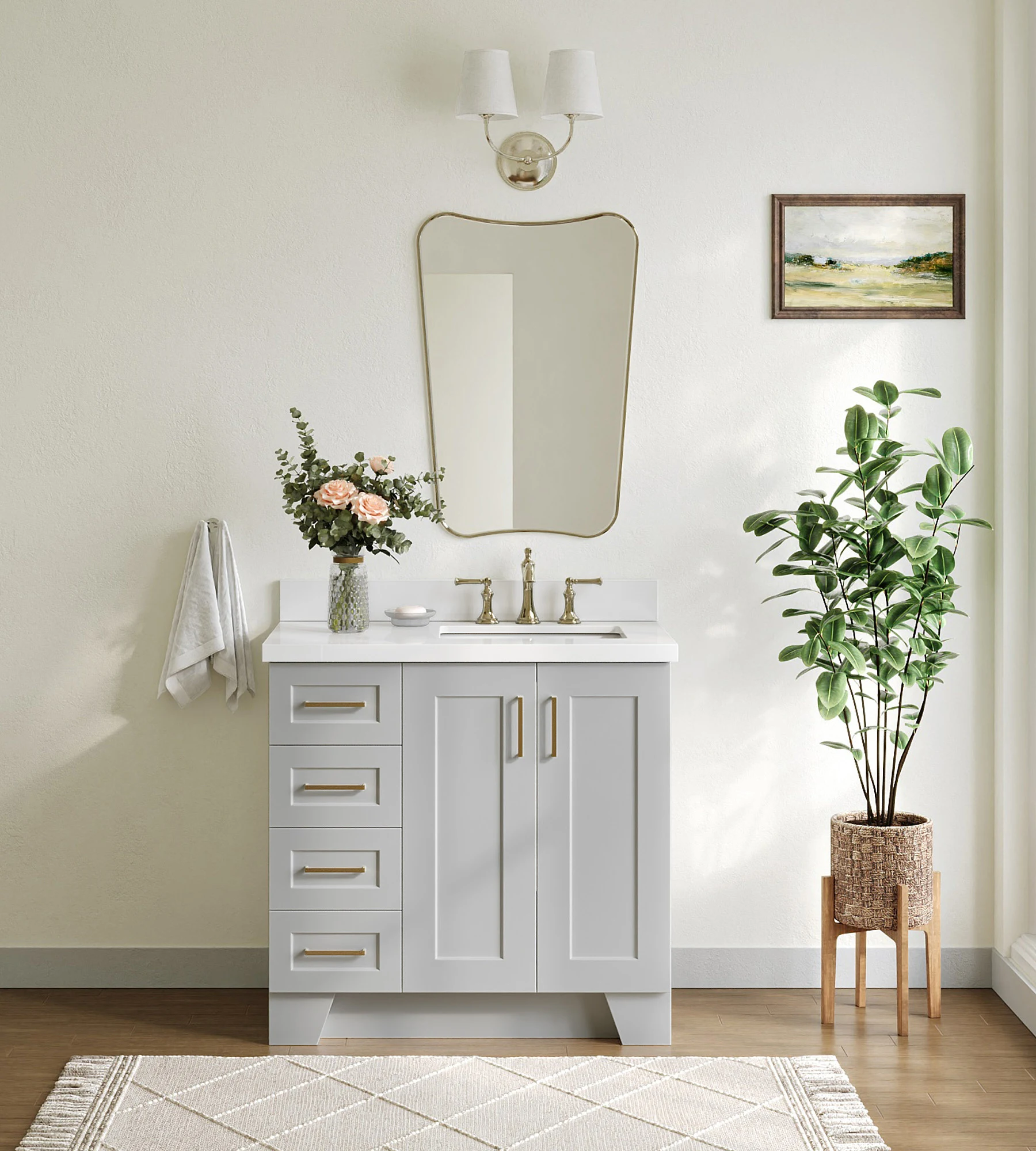 ARIEL Taylor 37 In. Right Offset Rectangle Sink Vanity With White Quartz Countertop In Grey