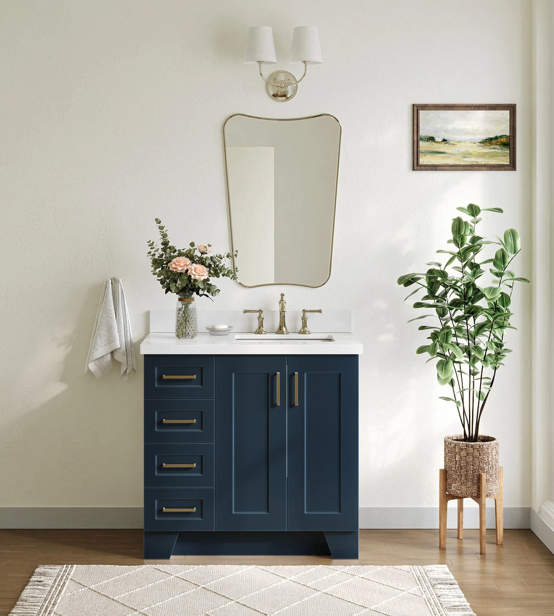 ARIEL Taylor 37 In. Right Offset Rectangle Sink Vanity With White Quartz Countertop In Midnight Blue
