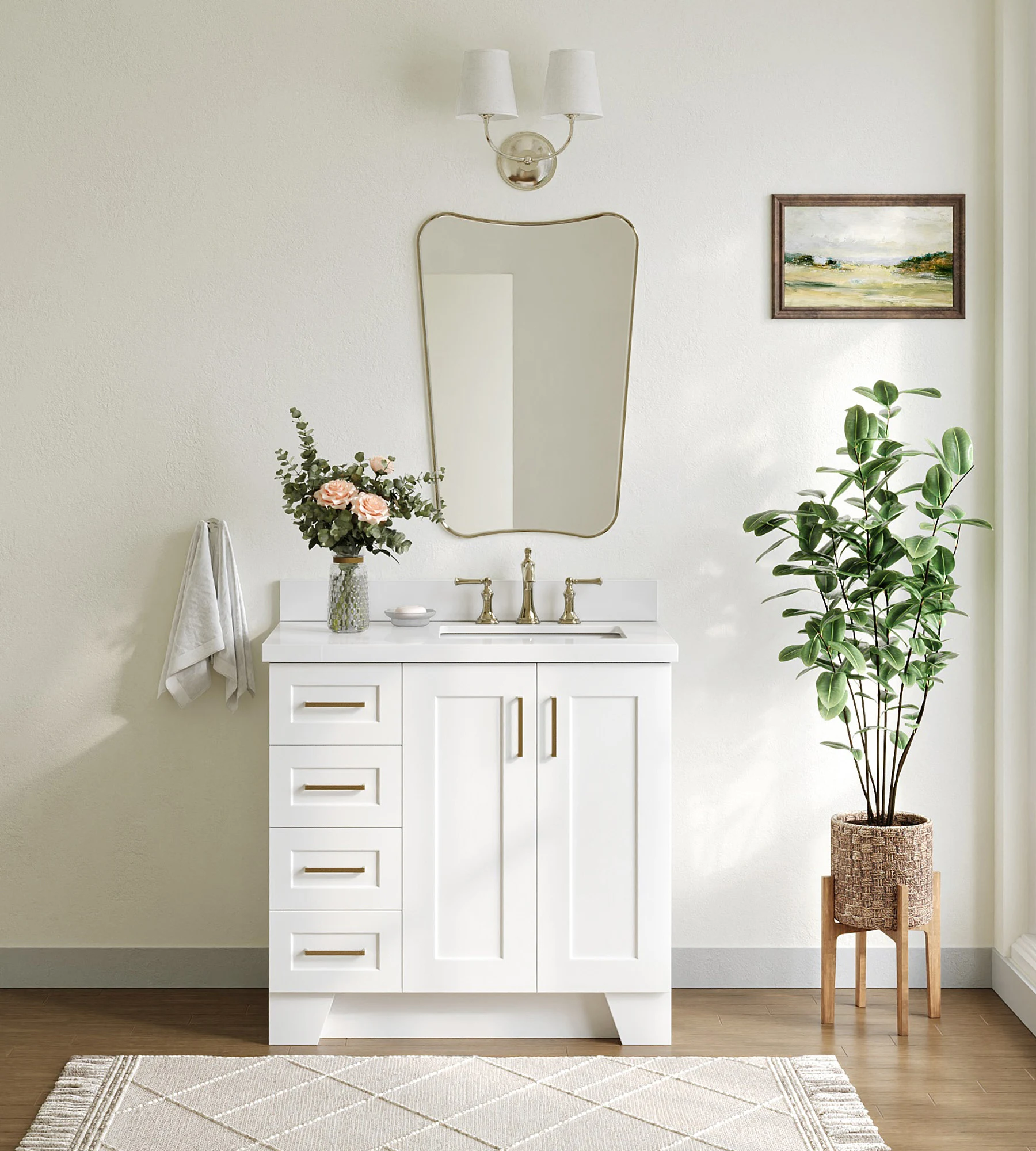 ARIEL Taylor 37 In. Right Offset Rectangle Sink Vanity With White Quartz Countertop In White