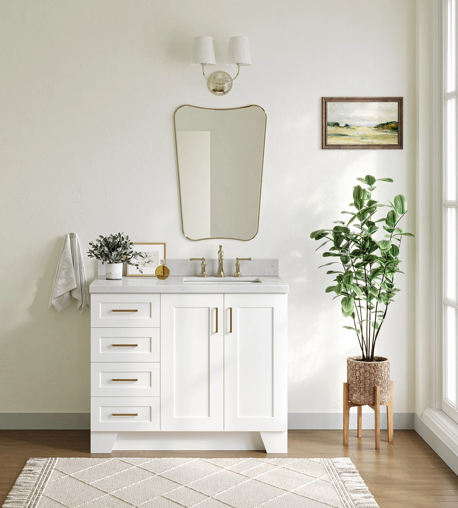 ARIEL Taylor 42 In. Right Offset Single Sink Base Cabinet In White