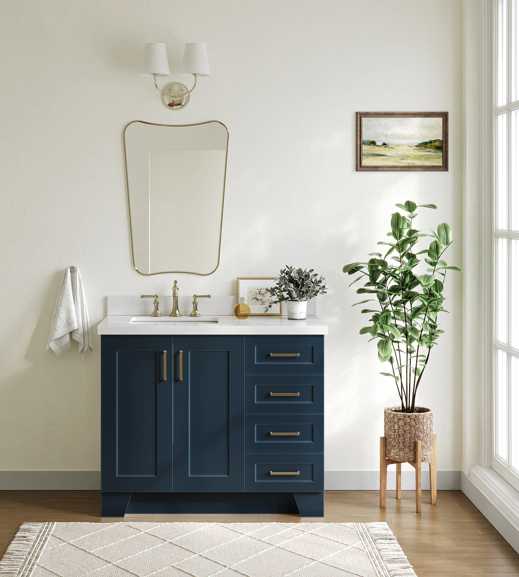 ARIEL Taylor 43 In. Left Offset Rectangle Sink Vanity With White Quartz Countertop In Midnight Blue