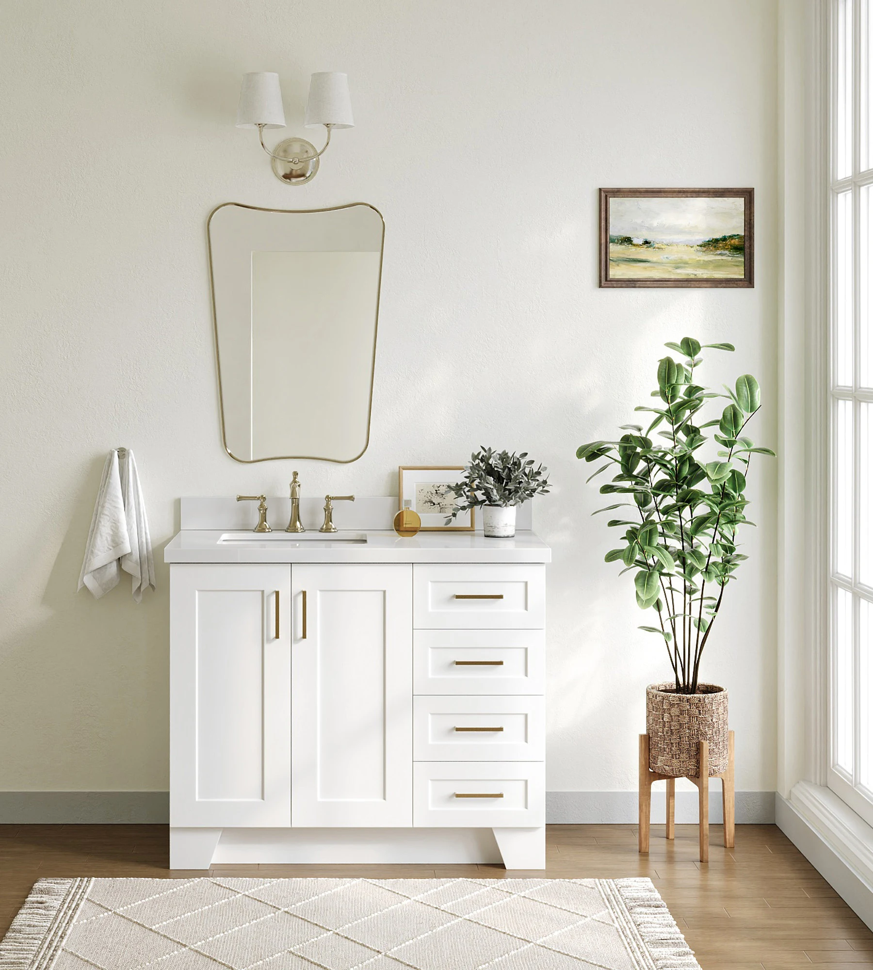 ARIEL Taylor 43 In. Left Offset Rectangle Sink Vanity With White Quartz Countertop In White