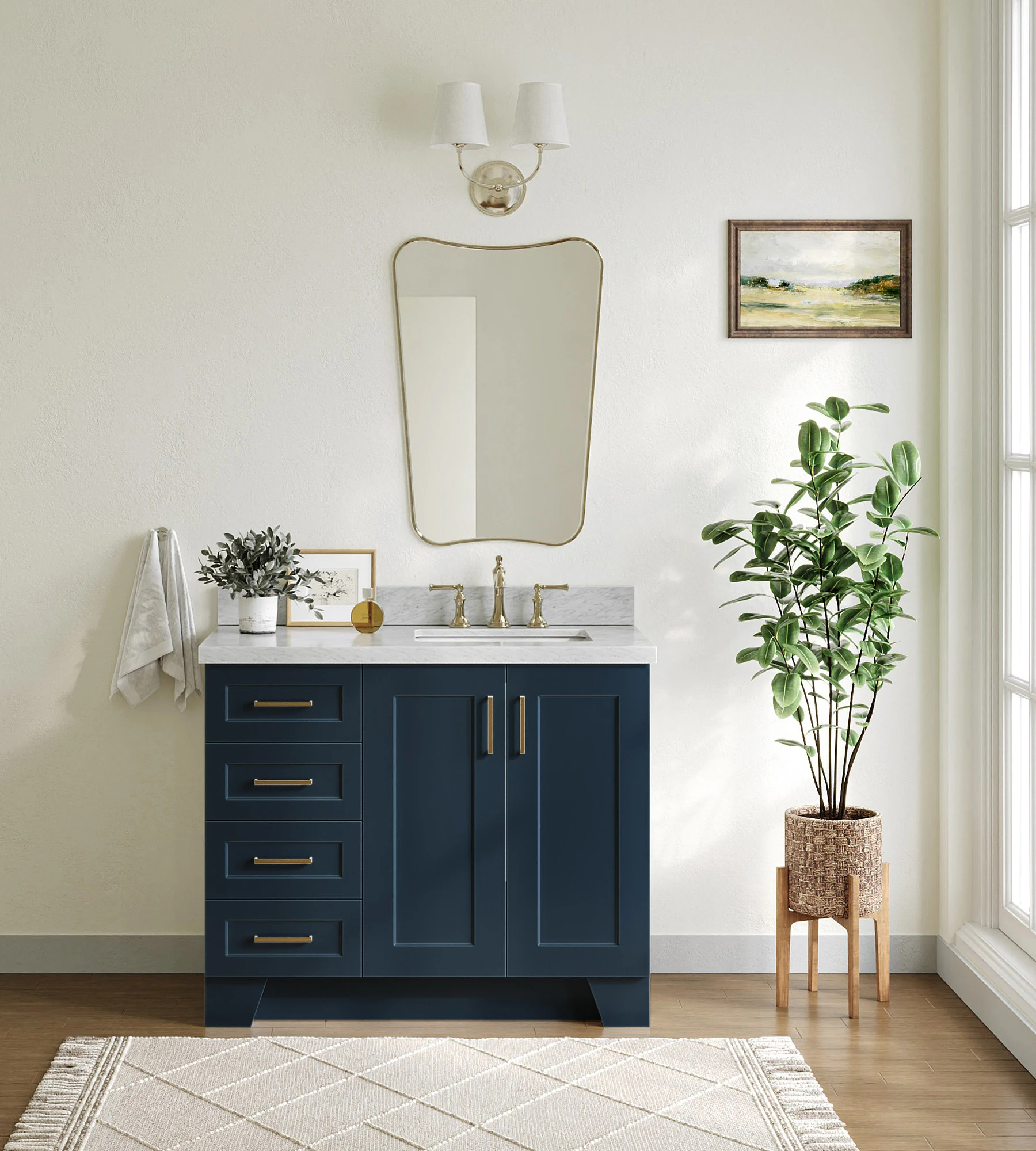 ARIEL Taylor 43 In. Right Offset Rectangle Sink Vanity With Italian Carrara White Marble 1.5 In Countertop In Midnight Blue