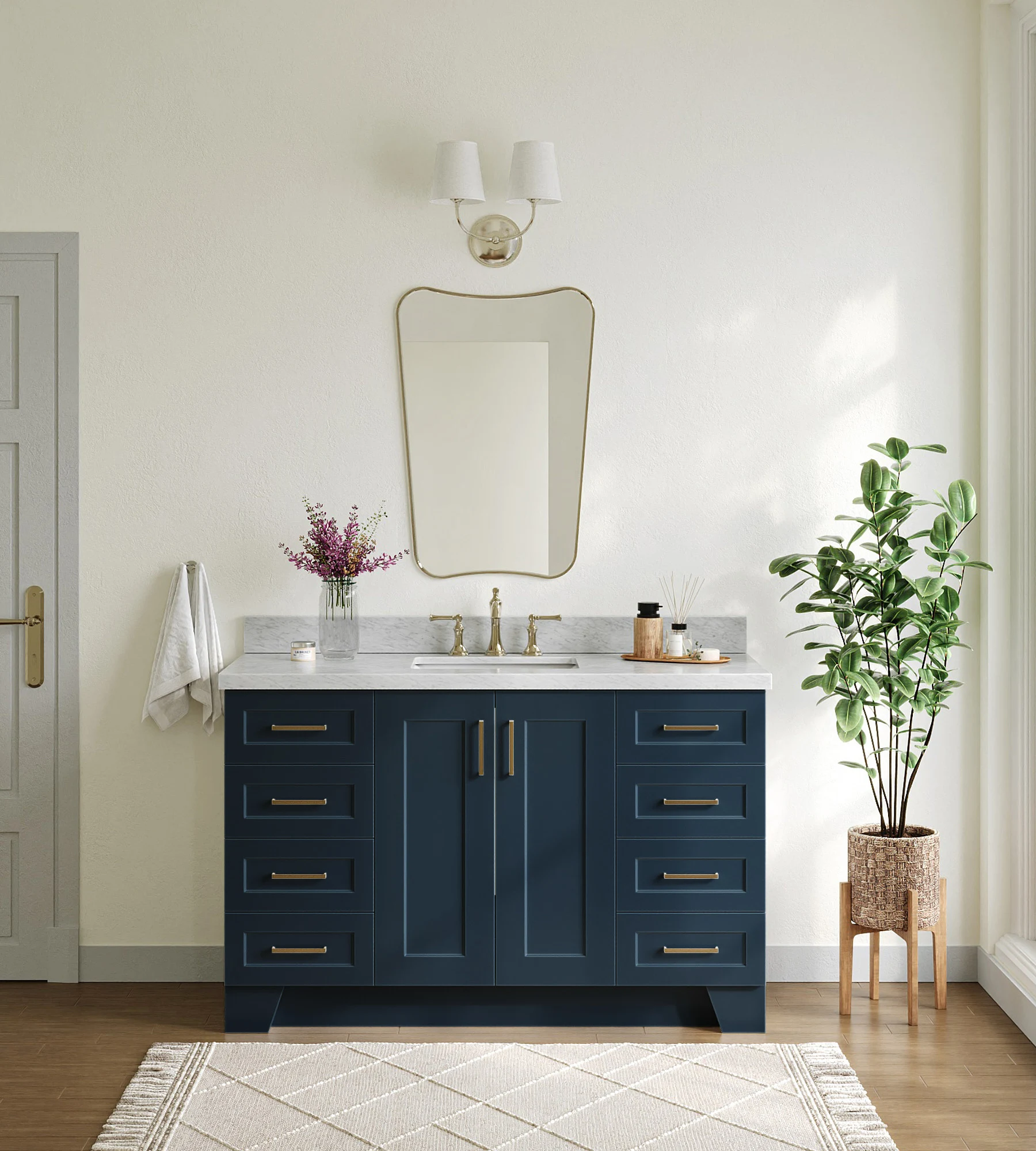 ARIEL Taylor 55 In. Rectangle Sink Vanity With Italian Carrara White Marble 1.5 In Countertop In Midnight Blue