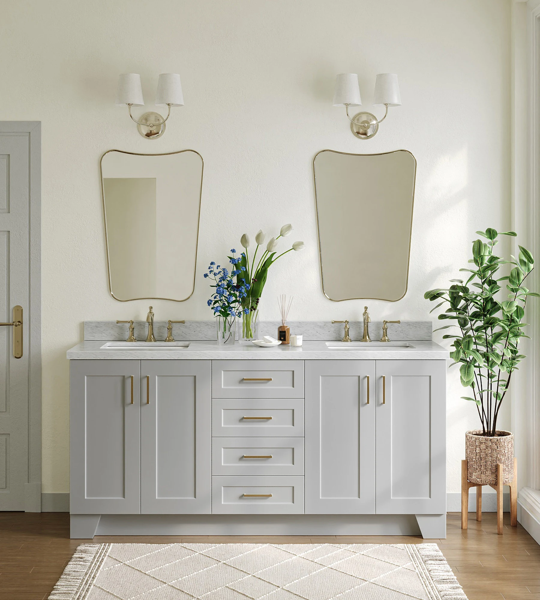 ARIEL Taylor 73 In. Double Rectangle Sink Vanity With Italian Carrara White Marble 1.5 In Countertop In Grey