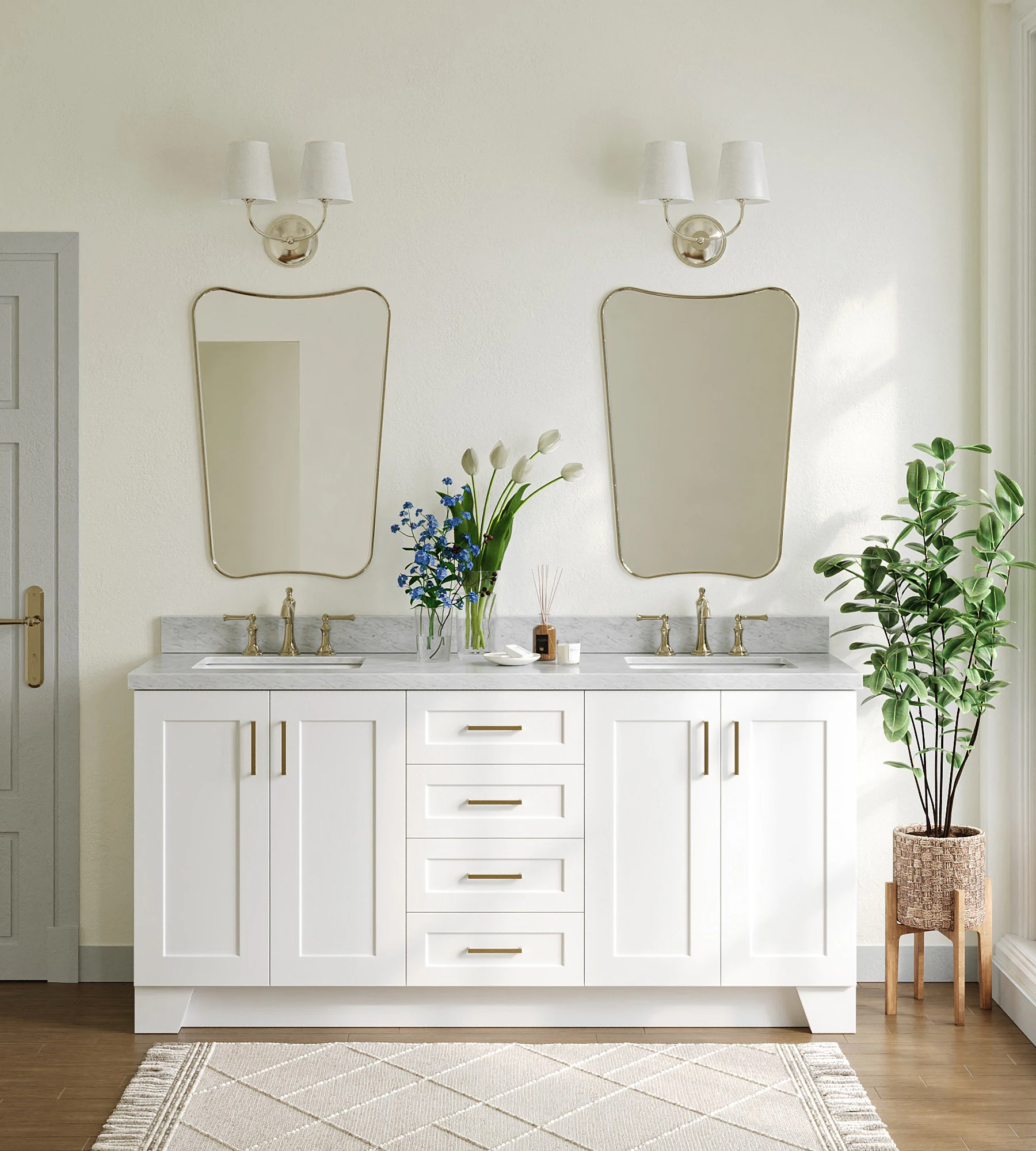 ARIEL Taylor 73 In. Double Rectangle Sink Vanity With Italian Carrara White Marble 1.5 In Countertop In White