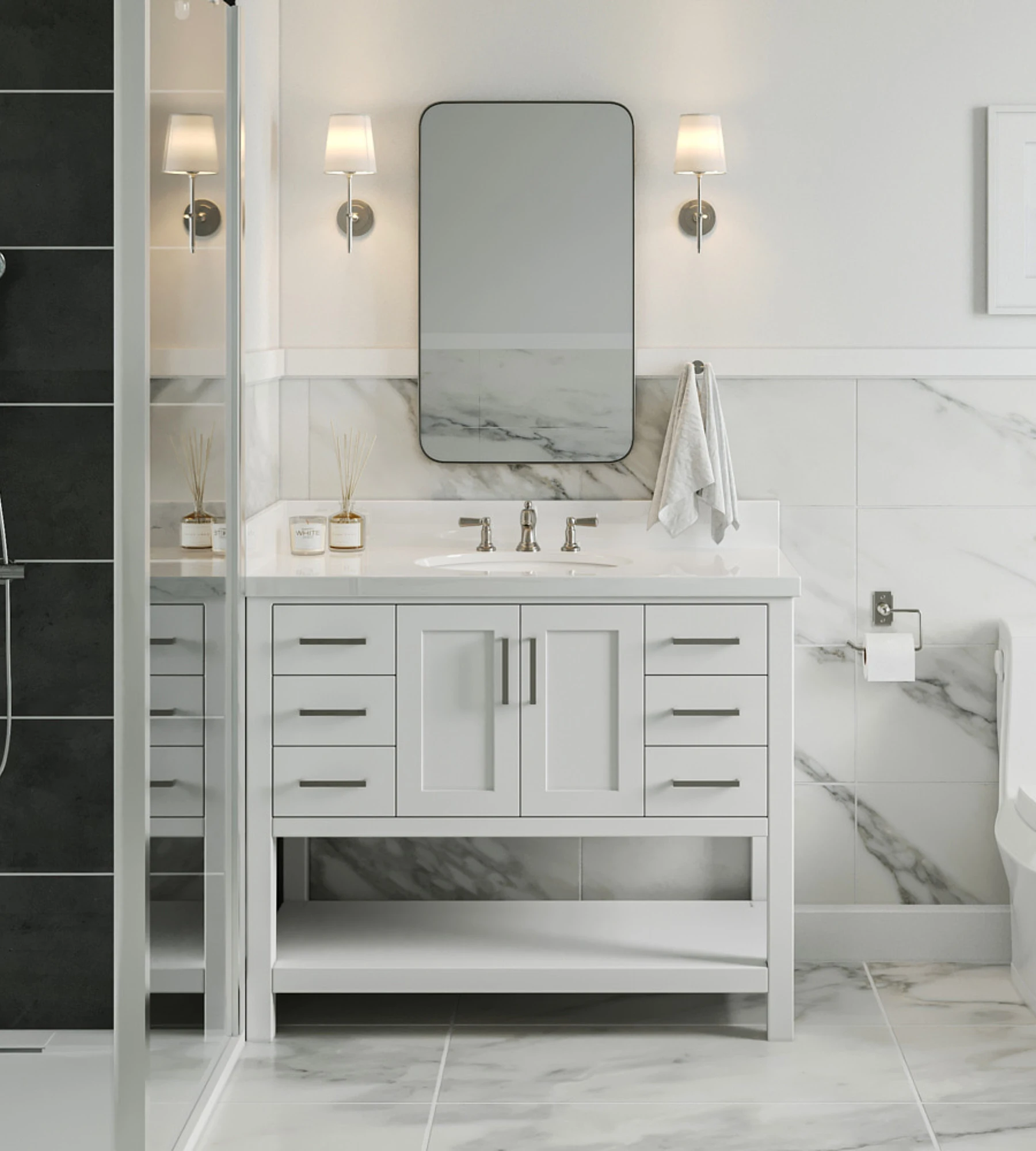 ARIEL Magnolia 43 In. Oval Sink Vanity With White Quartz Countertop In White