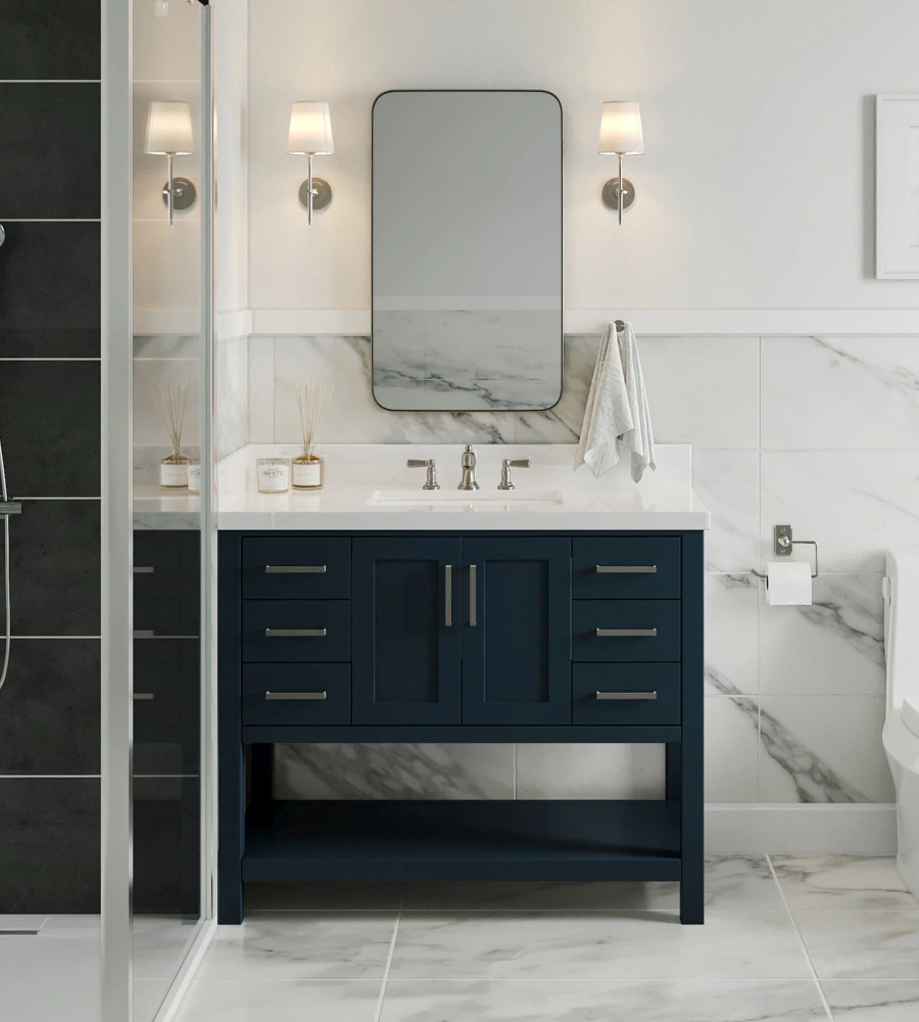 ARIEL Magnolia 43 In. Rectangle Sink Vanity With White Quartz Countertop In Midnight Blue