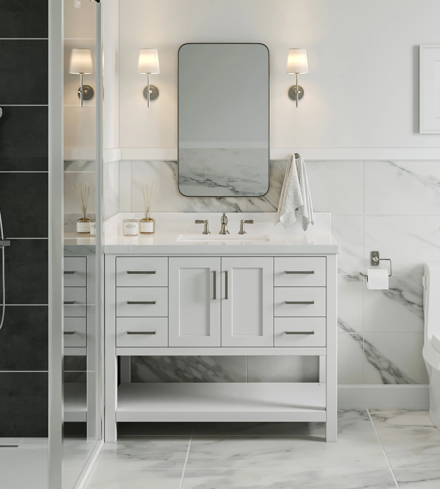 ARIEL Magnolia 43 In. Rectangle Sink Vanity With White Quartz Countertop In White