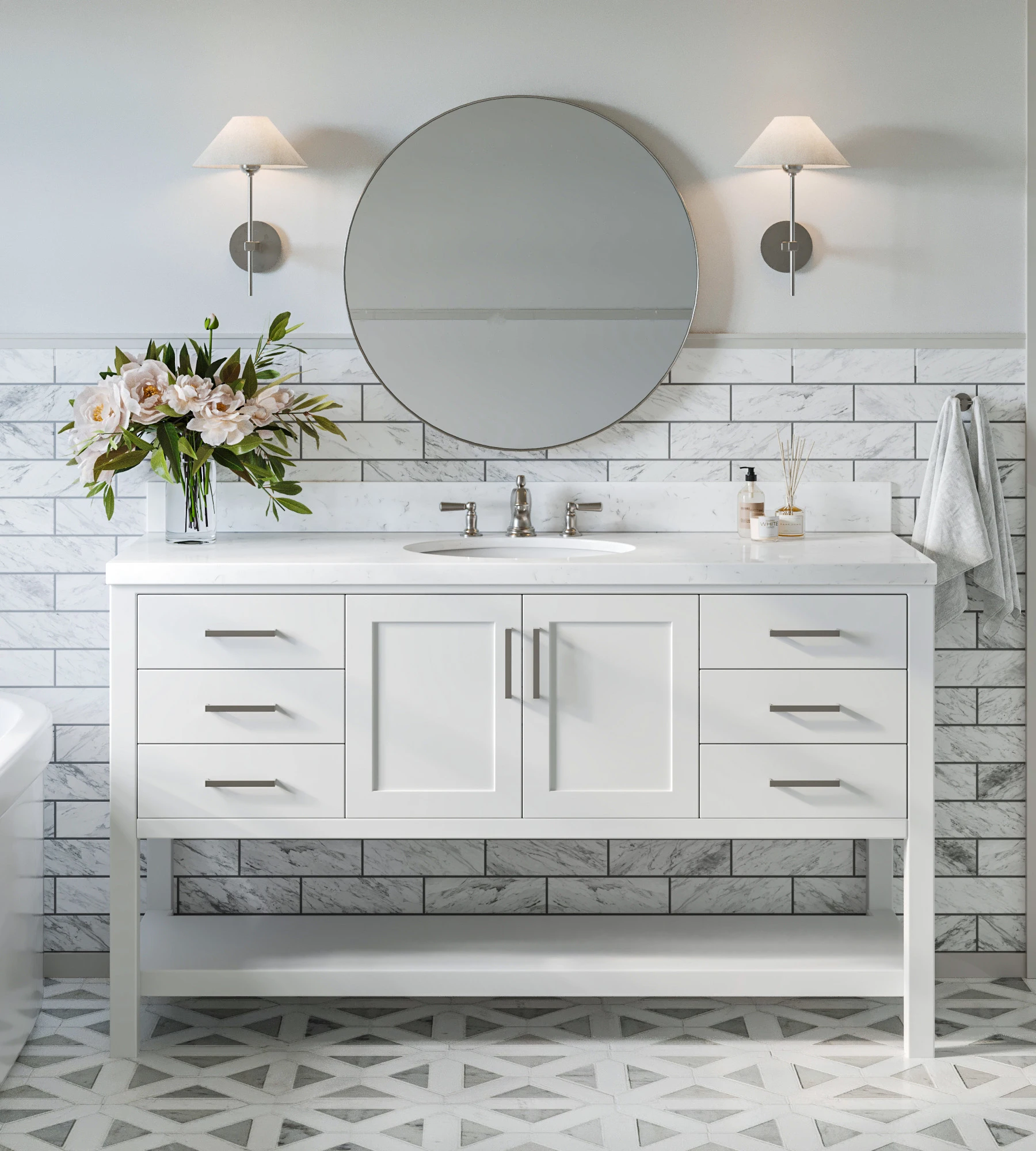 ARIEL Magnolia 60 In. Single Sink Base Cabinet In White