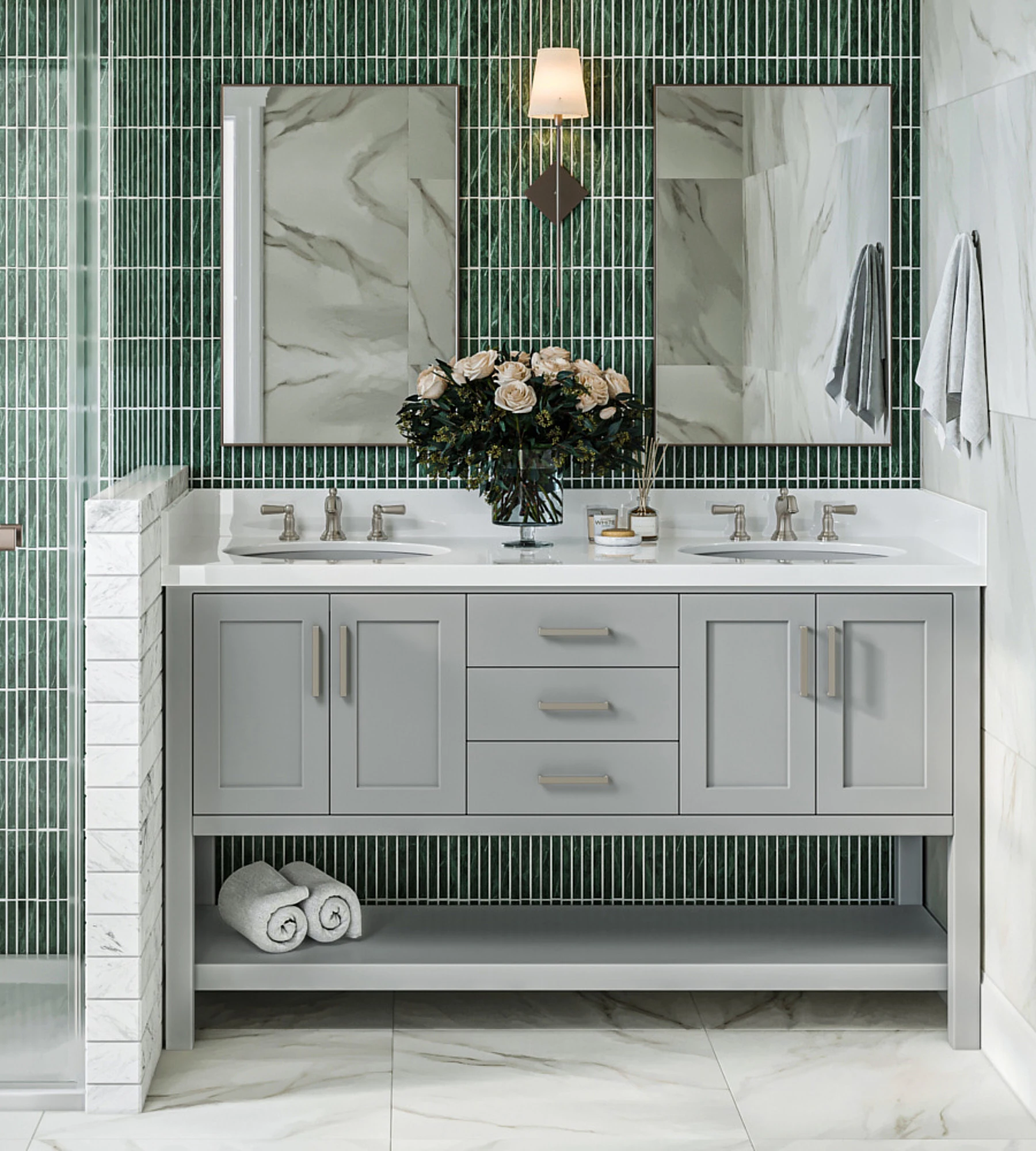 ARIEL Magnolia 61 In. Double Oval Sink Vanity With White Quartz Countertop In Grey