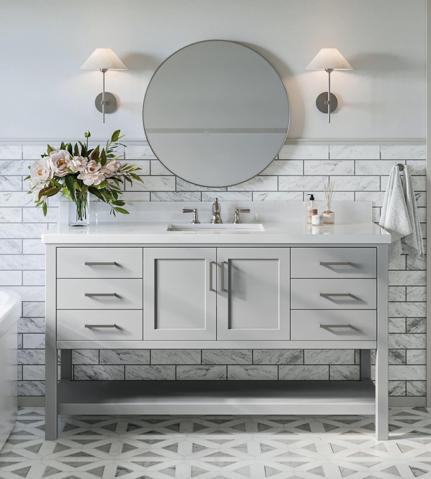 ARIEL Magnolia 61 In. Rectangle Sink Vanity With White Quartz Countertop In Grey