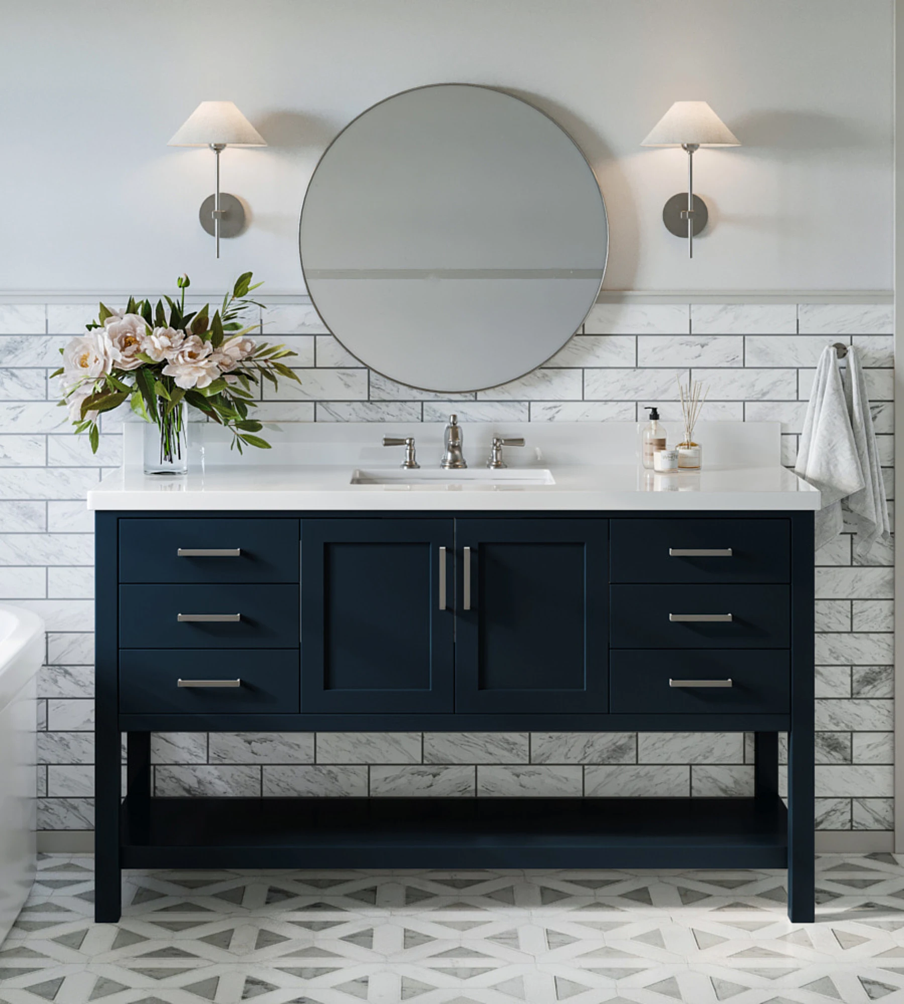 ARIEL Magnolia 61 In. Rectangle Sink Vanity With White Quartz Countertop In Midnight Blue