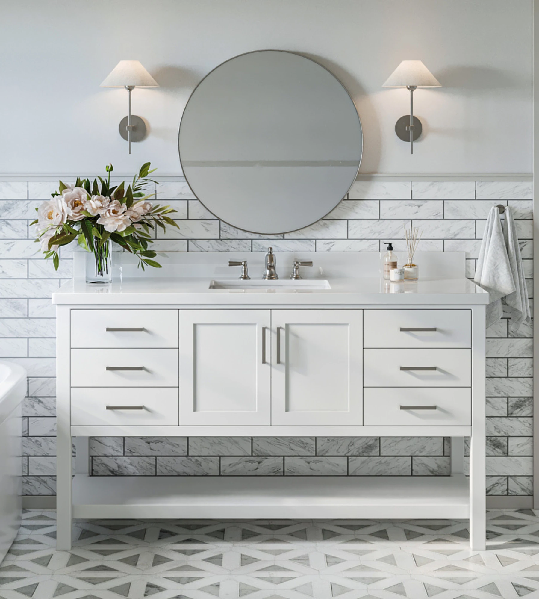 ARIEL Magnolia 61 In. Rectangle Sink Vanity With White Quartz Countertop In White