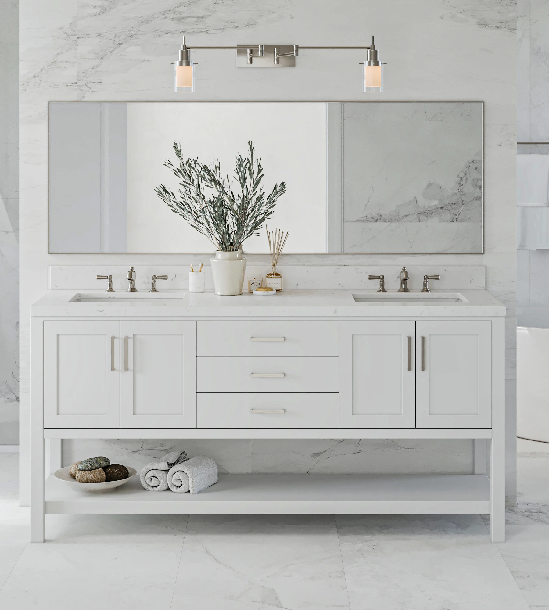 ARIEL Magnolia 72 In. Double Sink Base Cabinet In White
