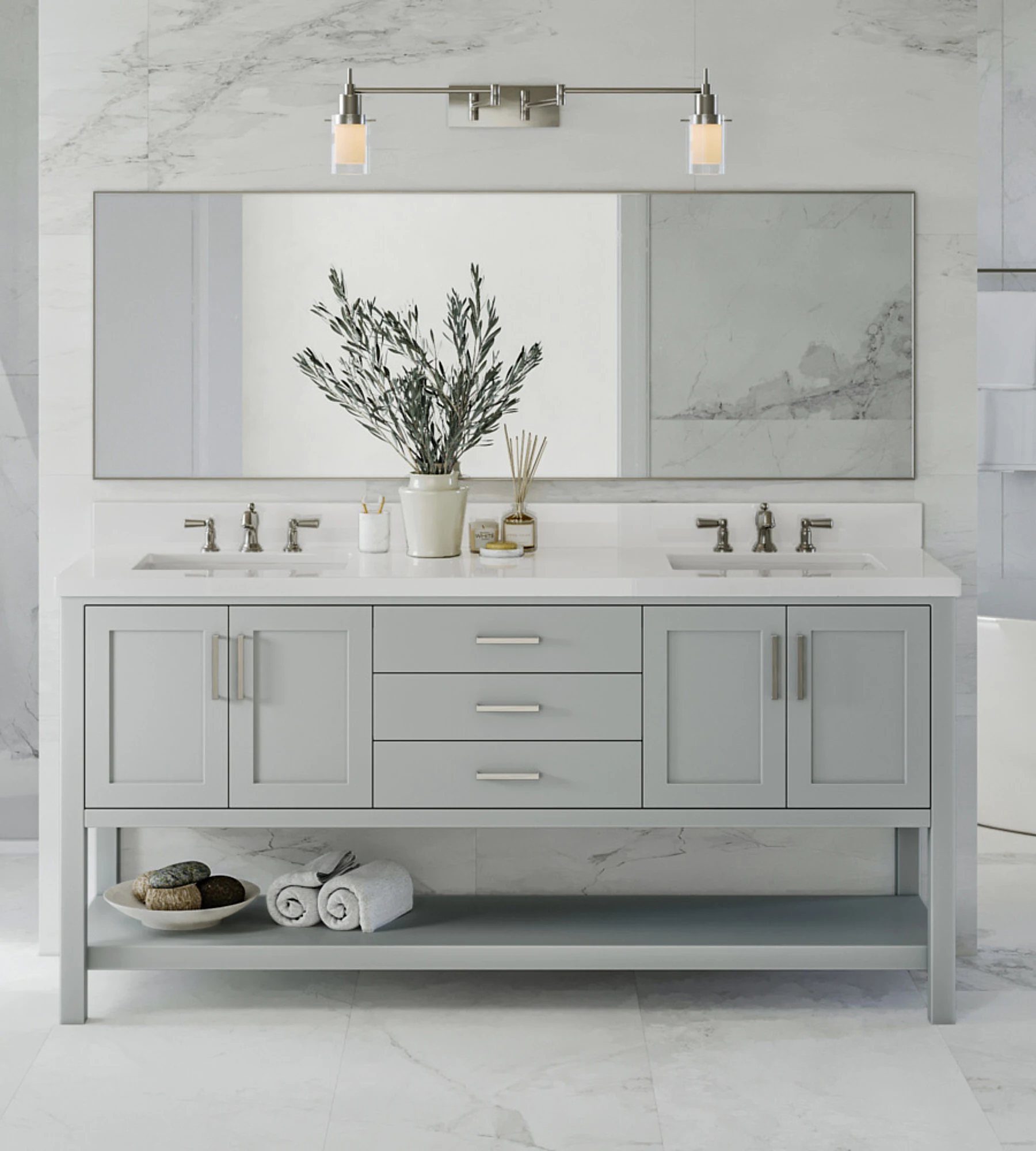 ARIEL Magnolia 73 In. Rectangle Sink Vanity With White Quartz Countertop In Grey