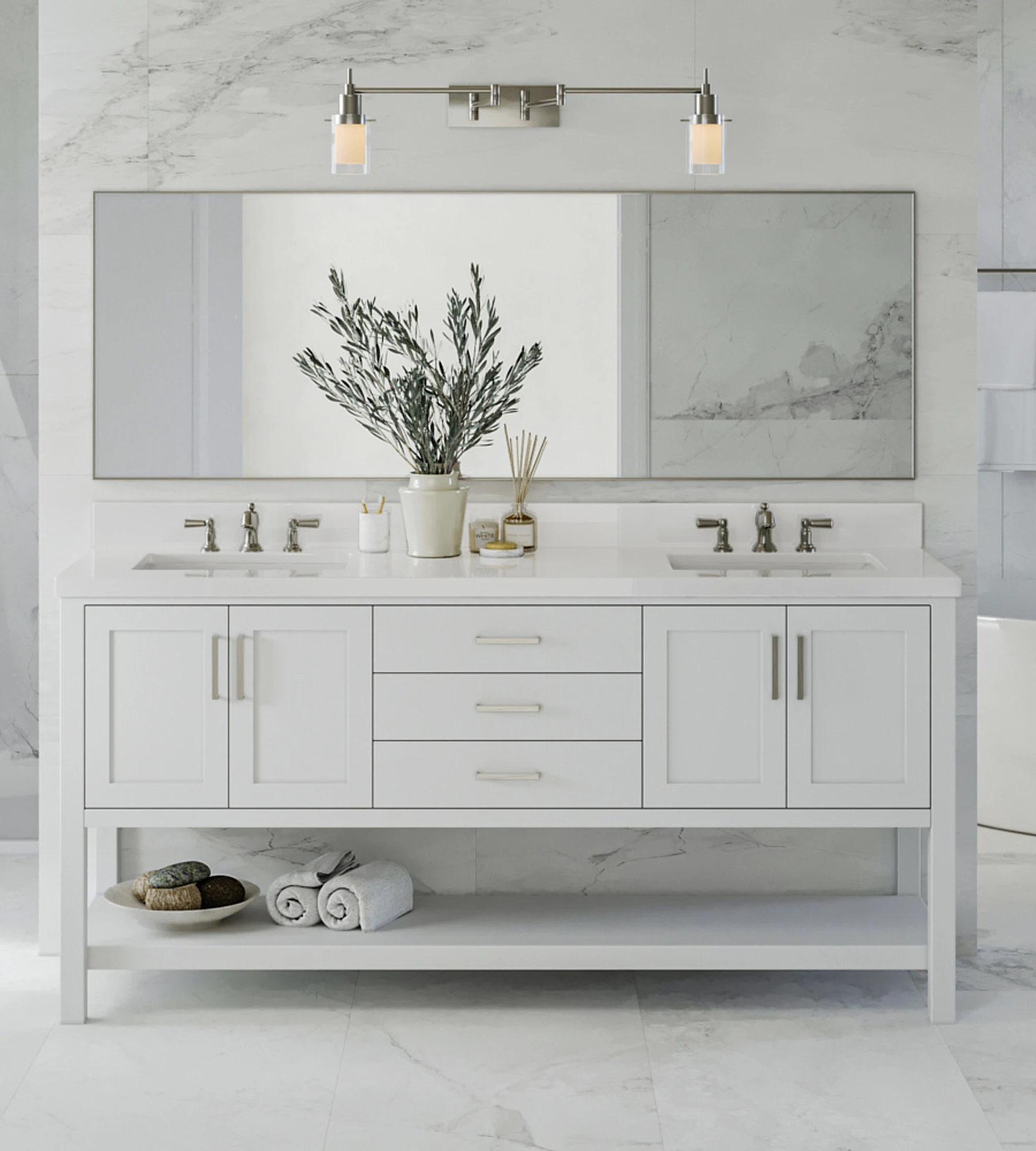 ARIEL Magnolia 73 In. Rectangle Sink Vanity With White Quartz Countertop In White