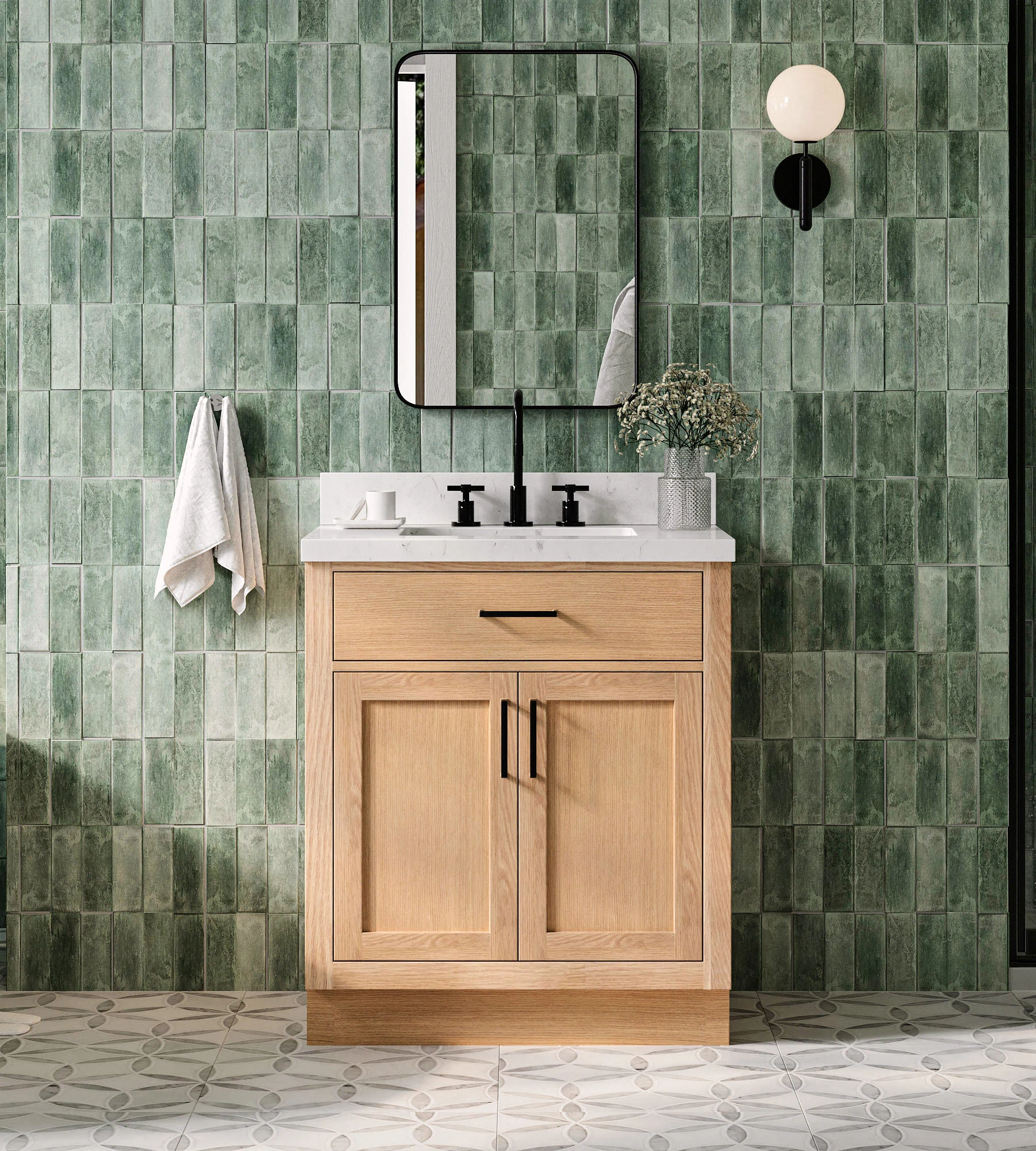 ARIEL Hepburn 30 Inch Single Rectangle Sink Bathroom Vanity With Carrara White Quartz Countertop 1.5 Inch Edge In Oak
