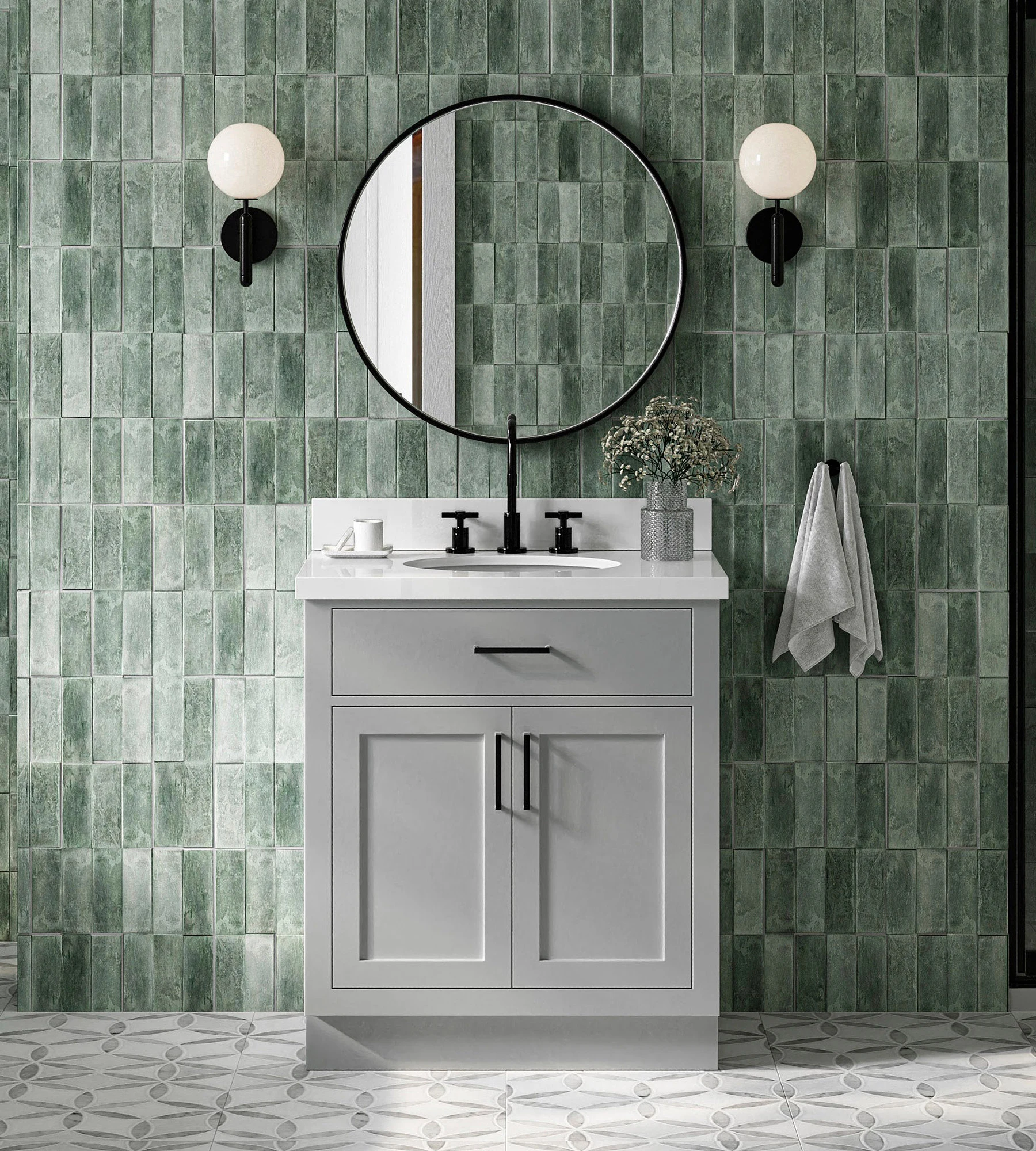 ARIEL Hepburn 30.5 In. Oval Sink Vanity With White Quartz Countertop 1.5" Edge In Grey