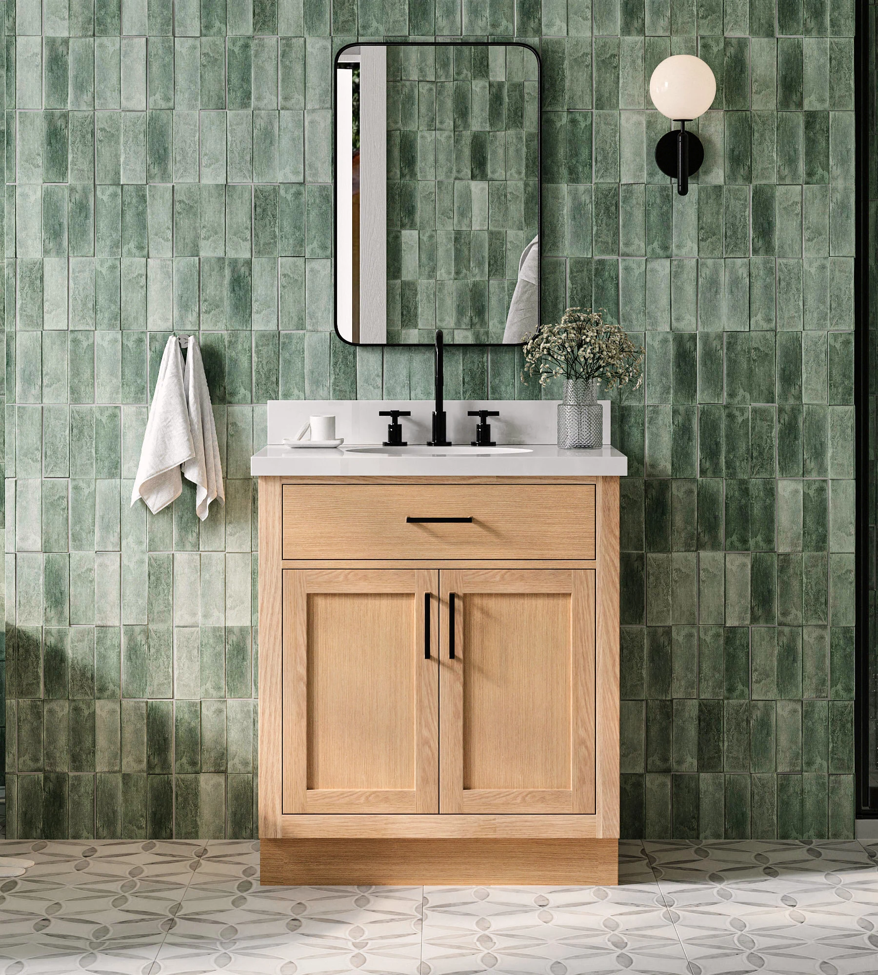 ARIEL Hepburn 30.5 Inch Single Oval Sink Bathroom Vanity With Pure White Quartz Countertop 1.5 Inch Edge In Oak