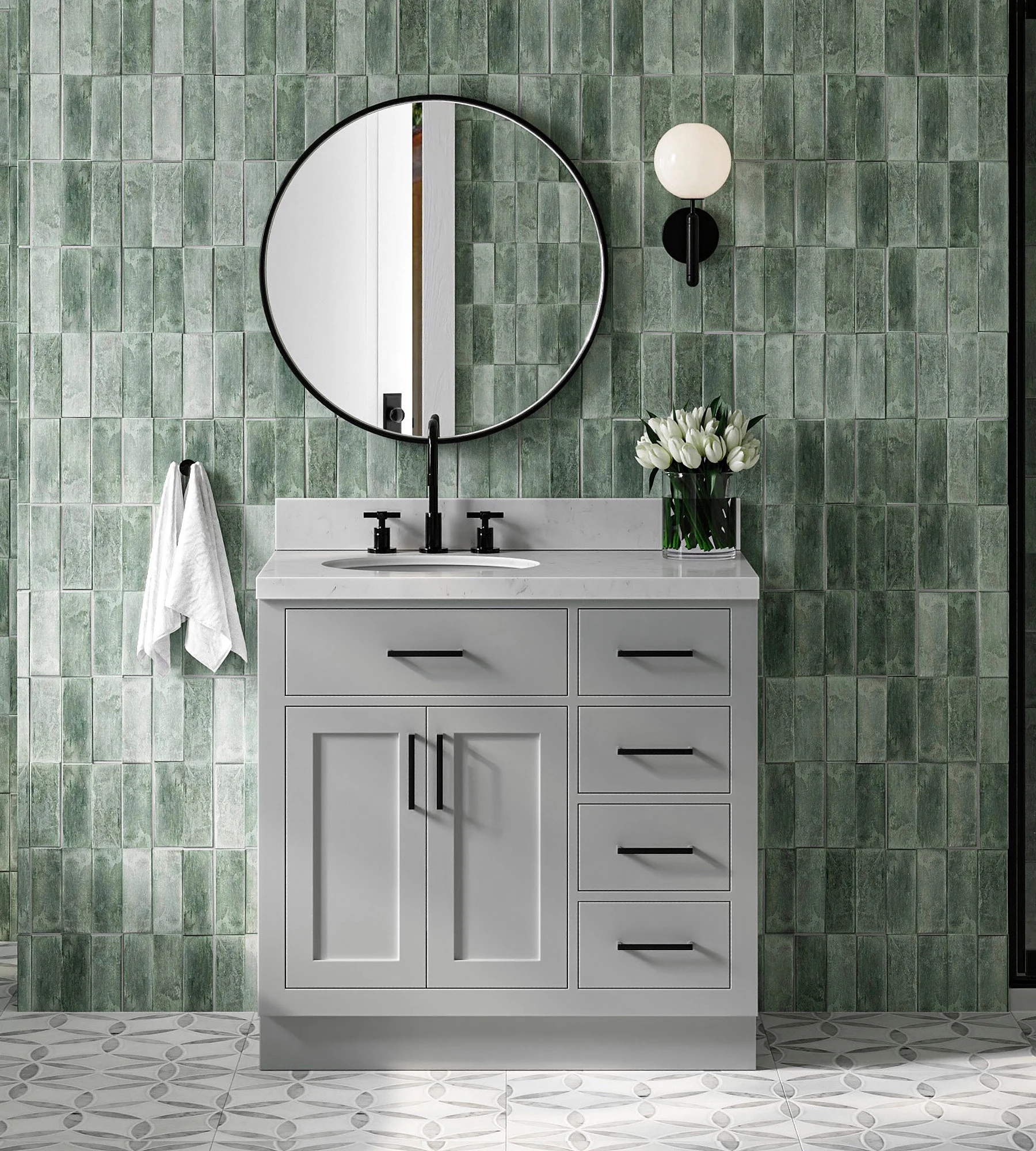 ARIEL Hepburn 36 In. Left Offset Single Sink Base Cabinet In Grey