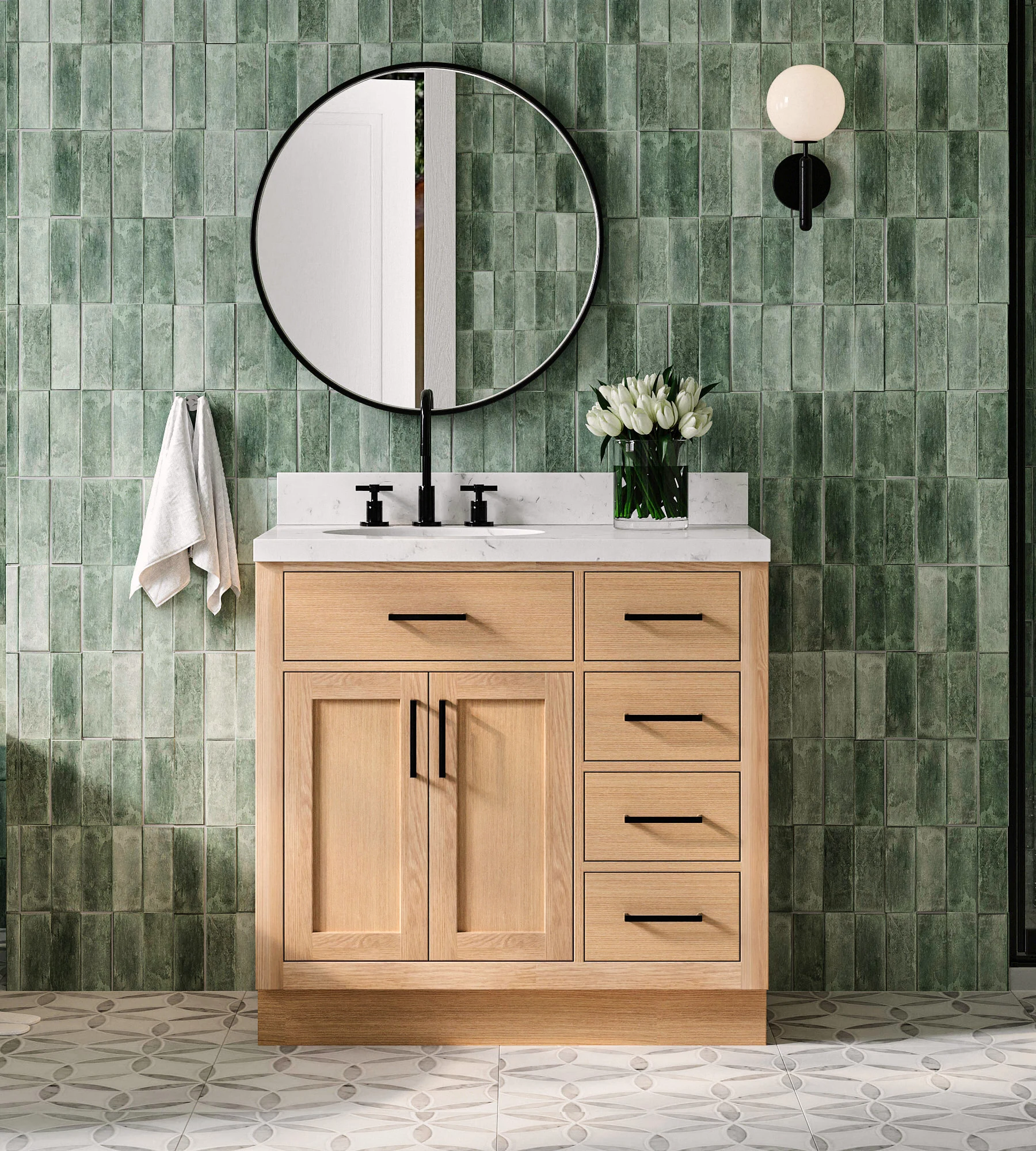 ARIEL Hepburn 36 Inch Left Offset Single Sink Base Cabinet In Oak