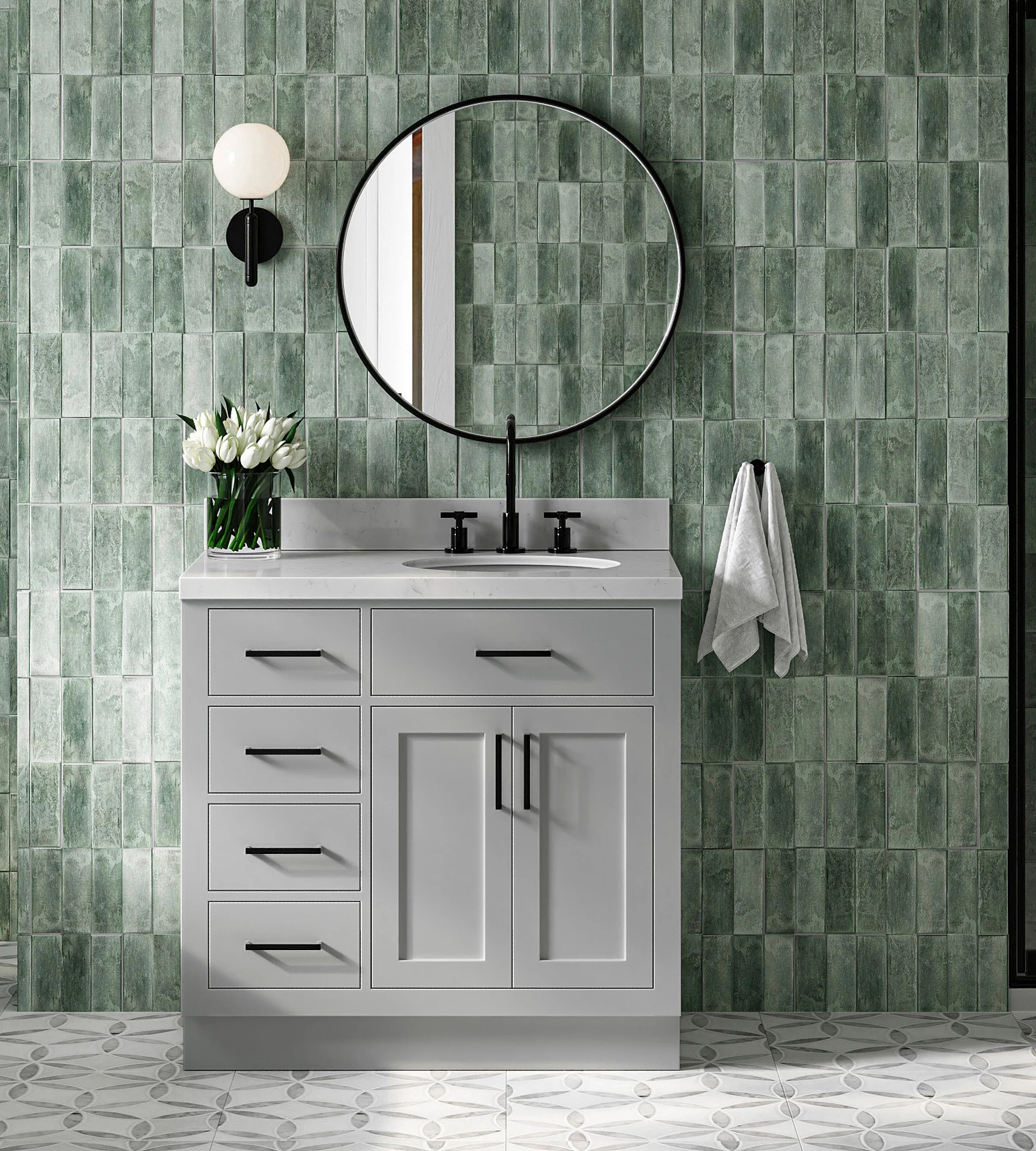 ARIEL Hepburn 36 In. Right Offset Single Sink Base Cabinet In Grey