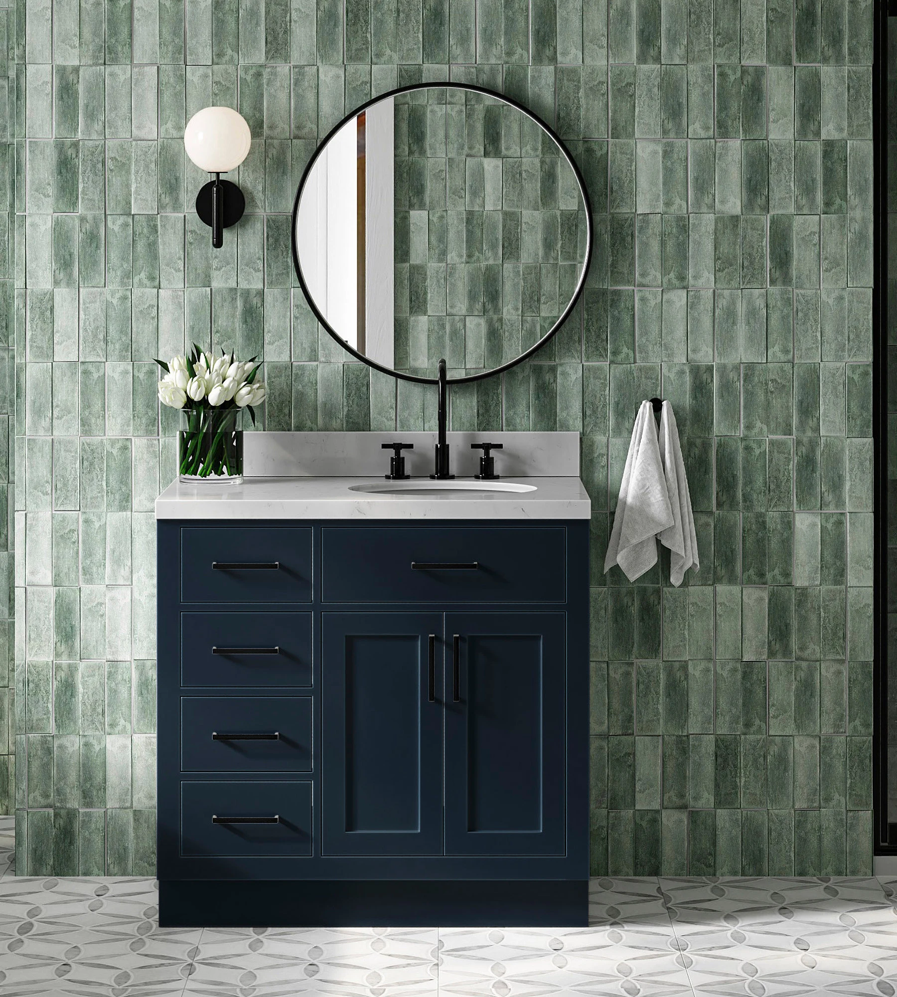 ARIEL Hepburn 36 In. Right Offset Single Sink Base Cabinet In Midnight Blue