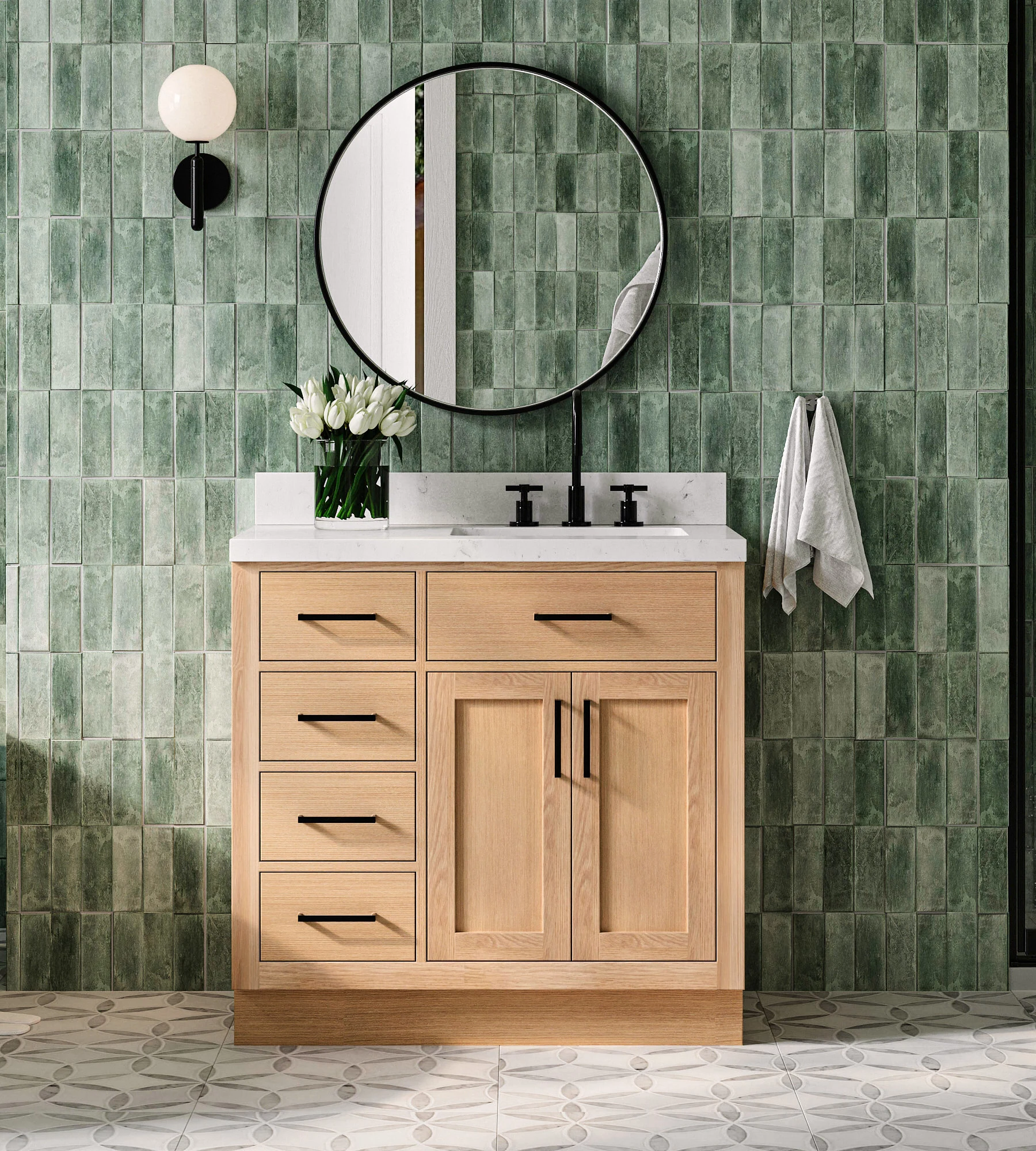 ARIEL Hepburn 36 Inch Right Offset Single Sink Base Cabinet In Oak