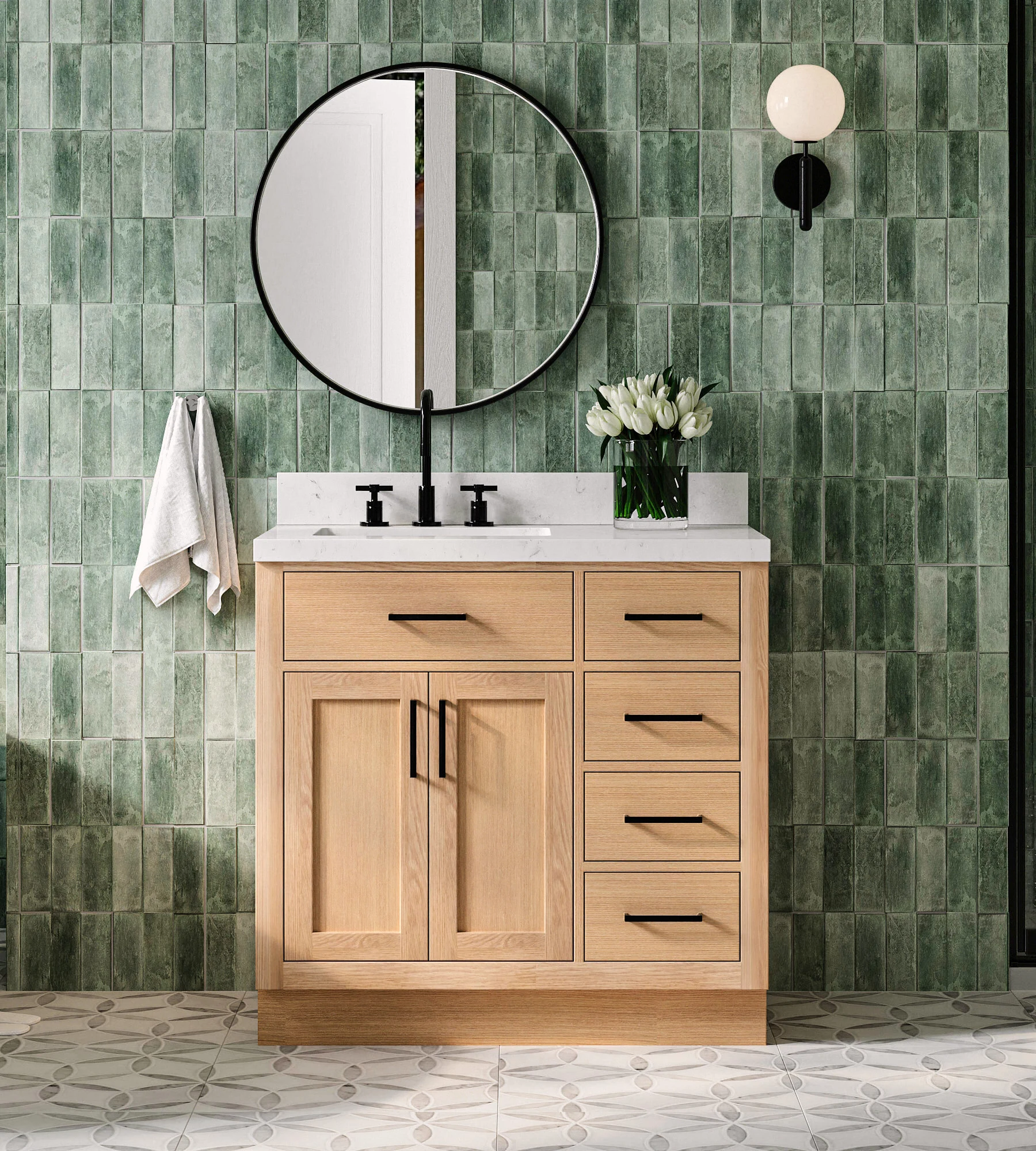 ARIEL Hepburn 36 Inch Left Offset Single Rectangle Sink Bathroom Vanity With Carrara White Quartz Countertop 1.5 Inch Edge In Oak