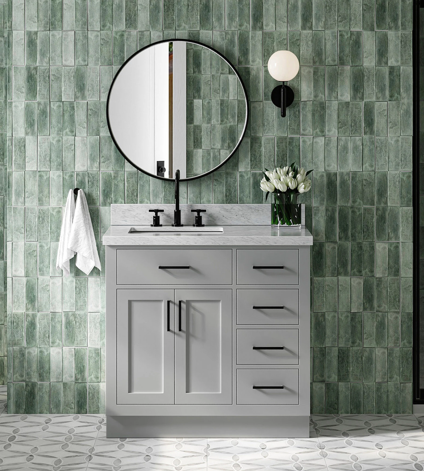 ARIEL Hepburn 37 In. Left Offset Rectangle Sink Vanity With 1.5 In. Italian Carrara White Marble Countertop In Grey