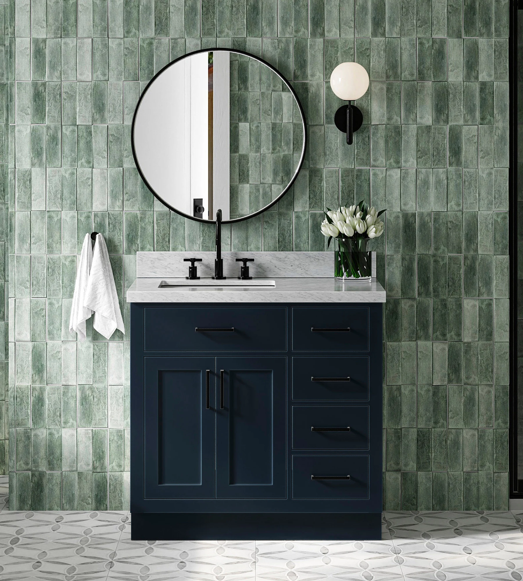 ARIEL Hepburn 37 In. Left Offset Rectangle Sink Vanity With 1.5 In. Italian Carrara White Marble Countertop In Midnight Blue