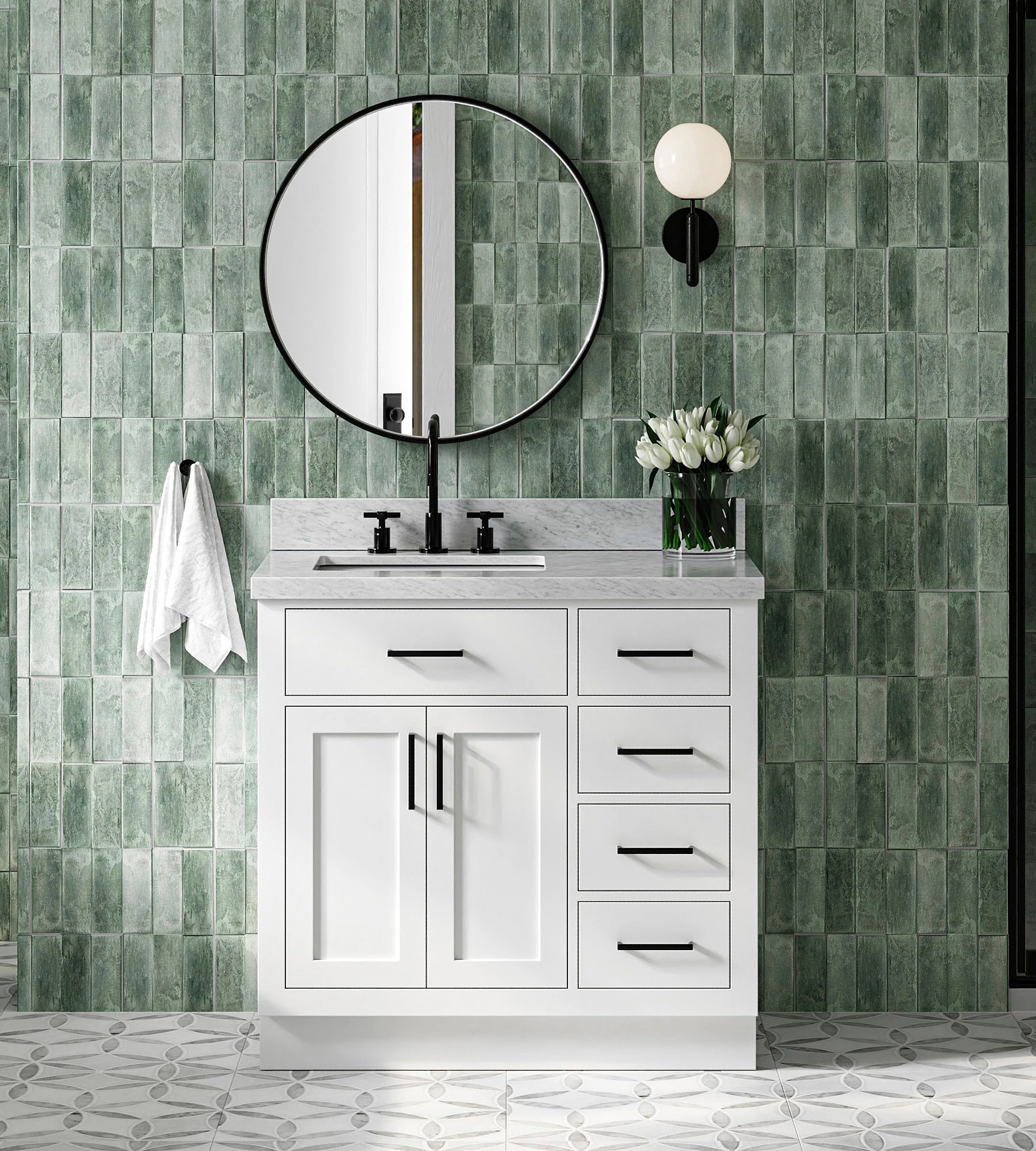 ARIEL Hepburn 37 In. Left Offset Rectangle Sink Vanity With 1.5 In. Italian Carrara White Marble Countertop In White
